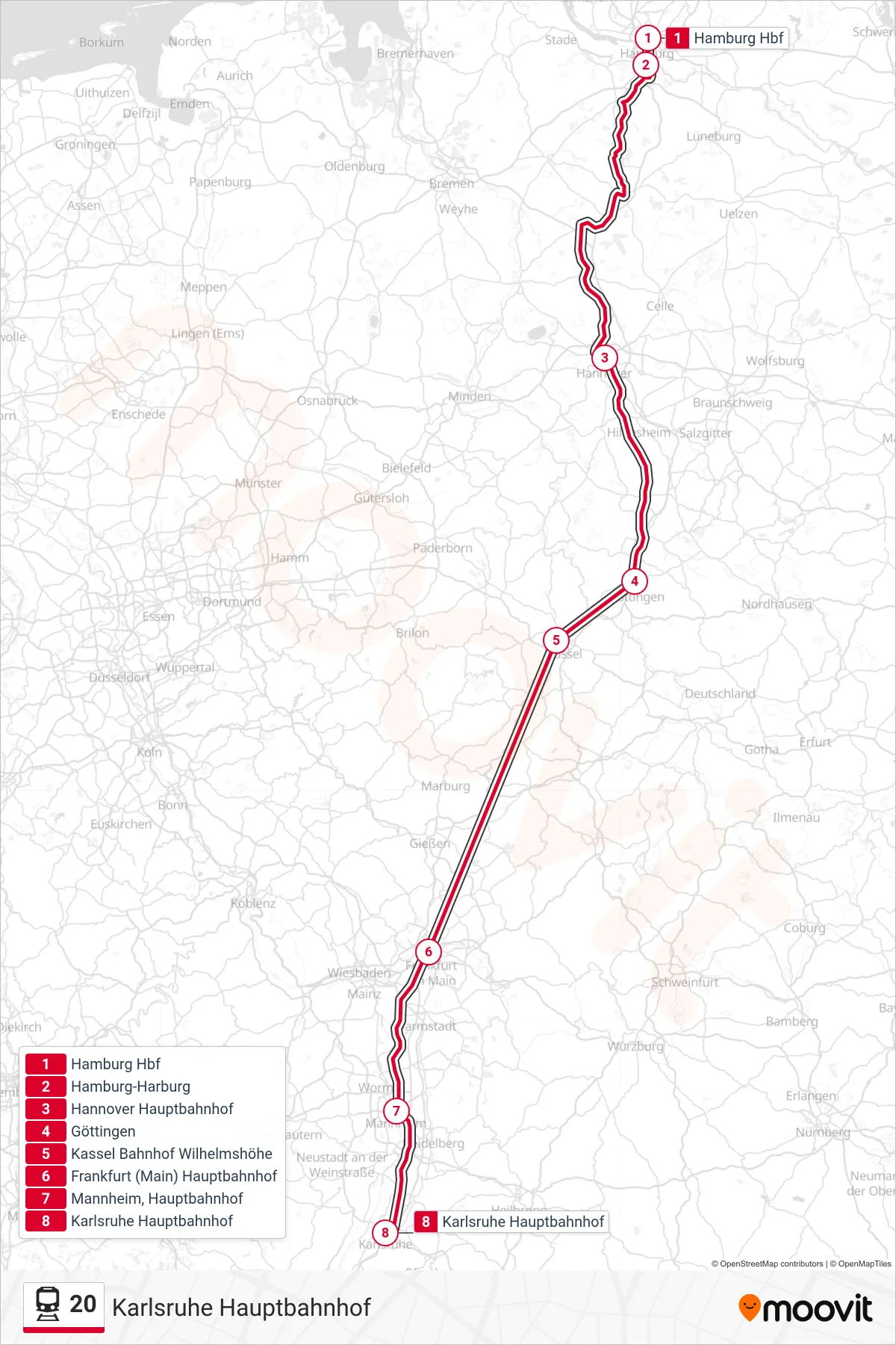 20 train Line (Karlsruhe Hauptbahnhof) route and stops on a map