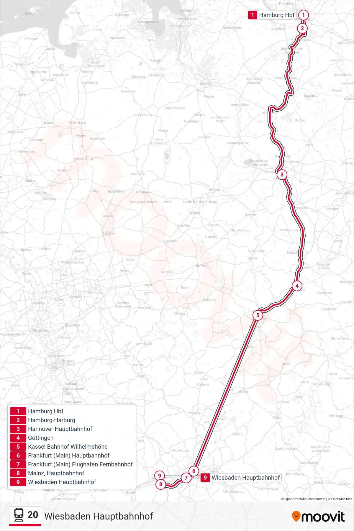 20 train Line (Wiesbaden Hauptbahnhof) route and stops on a map