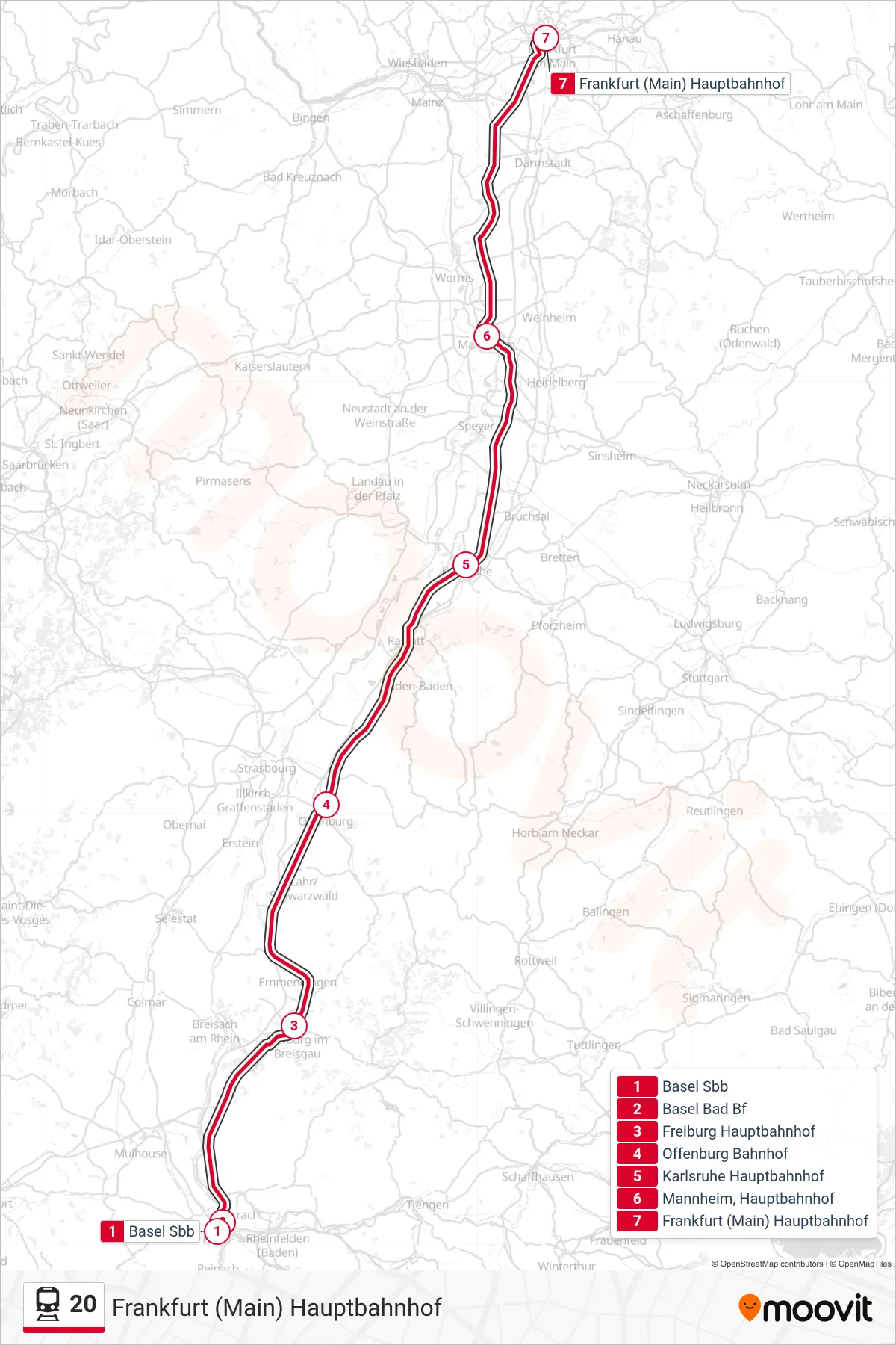 Linie 20 (Bahn) Richtung Frankfurt (Main) Hauptbahnhof: Route und Haltestellen auf der Karte