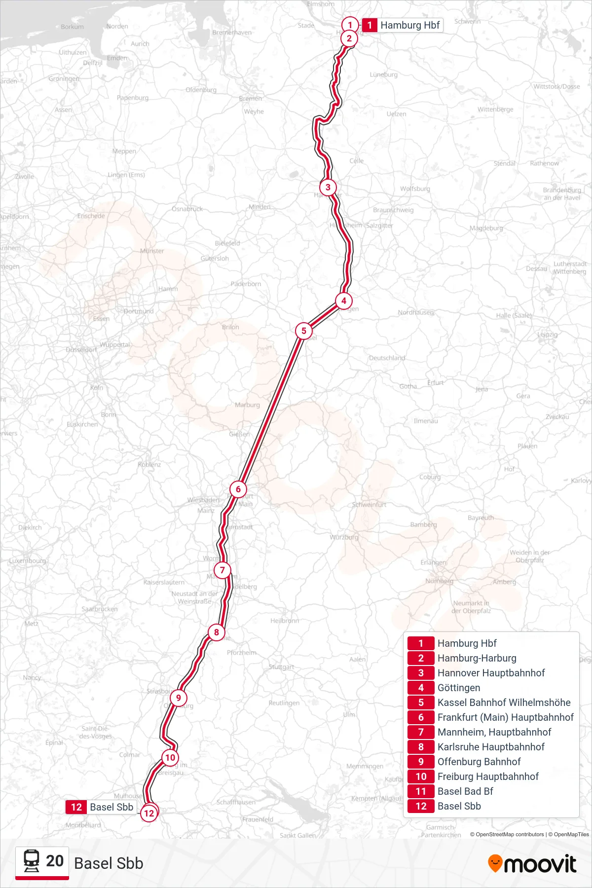 20 train Line (Basel Sbb) route and stops on a map