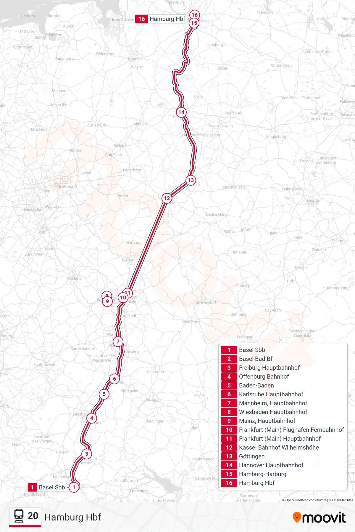 20 rail Line (Hamburg Hbf) route and stops on a map