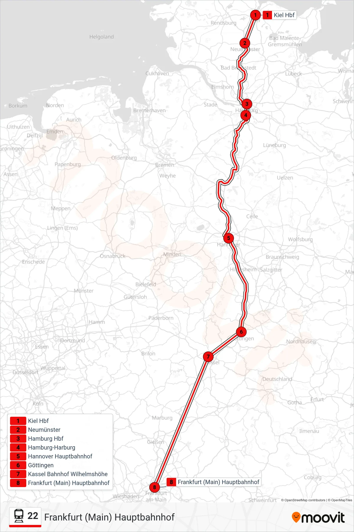 22 train Line (Frankfurt (Main) Hauptbahnhof) route and stops on a map