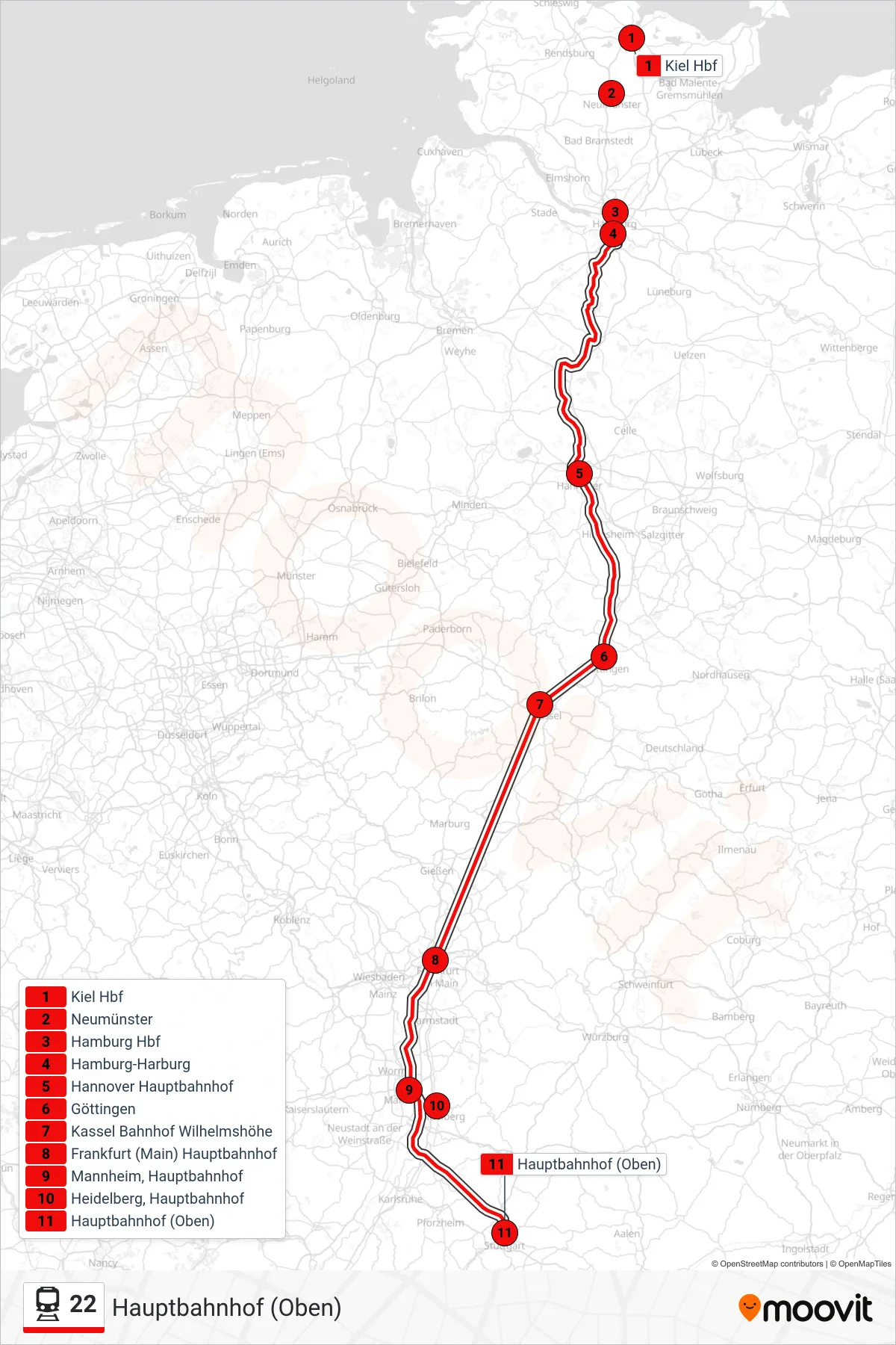 Linie 22 (Bahn) Richtung Hauptbahnhof (Oben): Route und Haltestellen auf der Karte