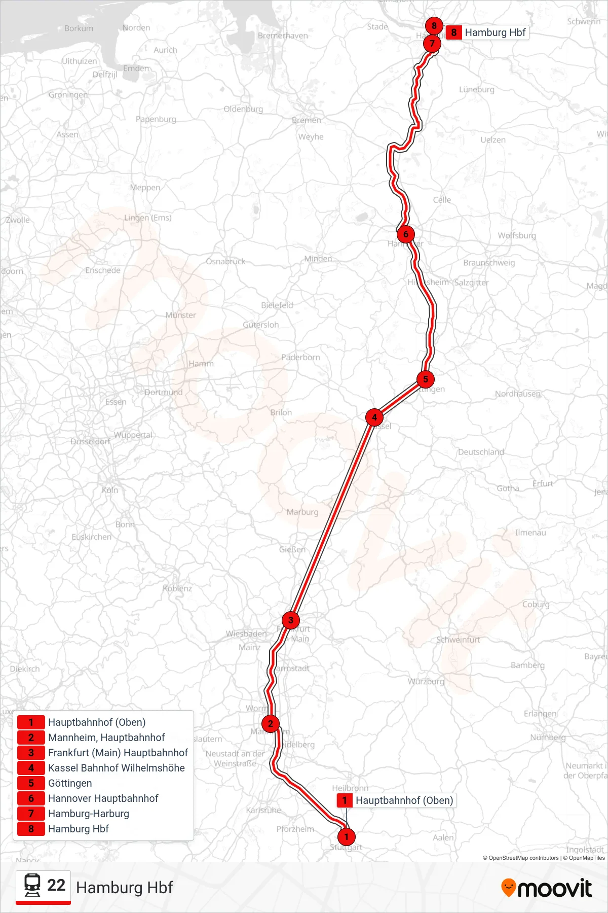 22 train Line (Hamburg Hbf) route and stops on a map