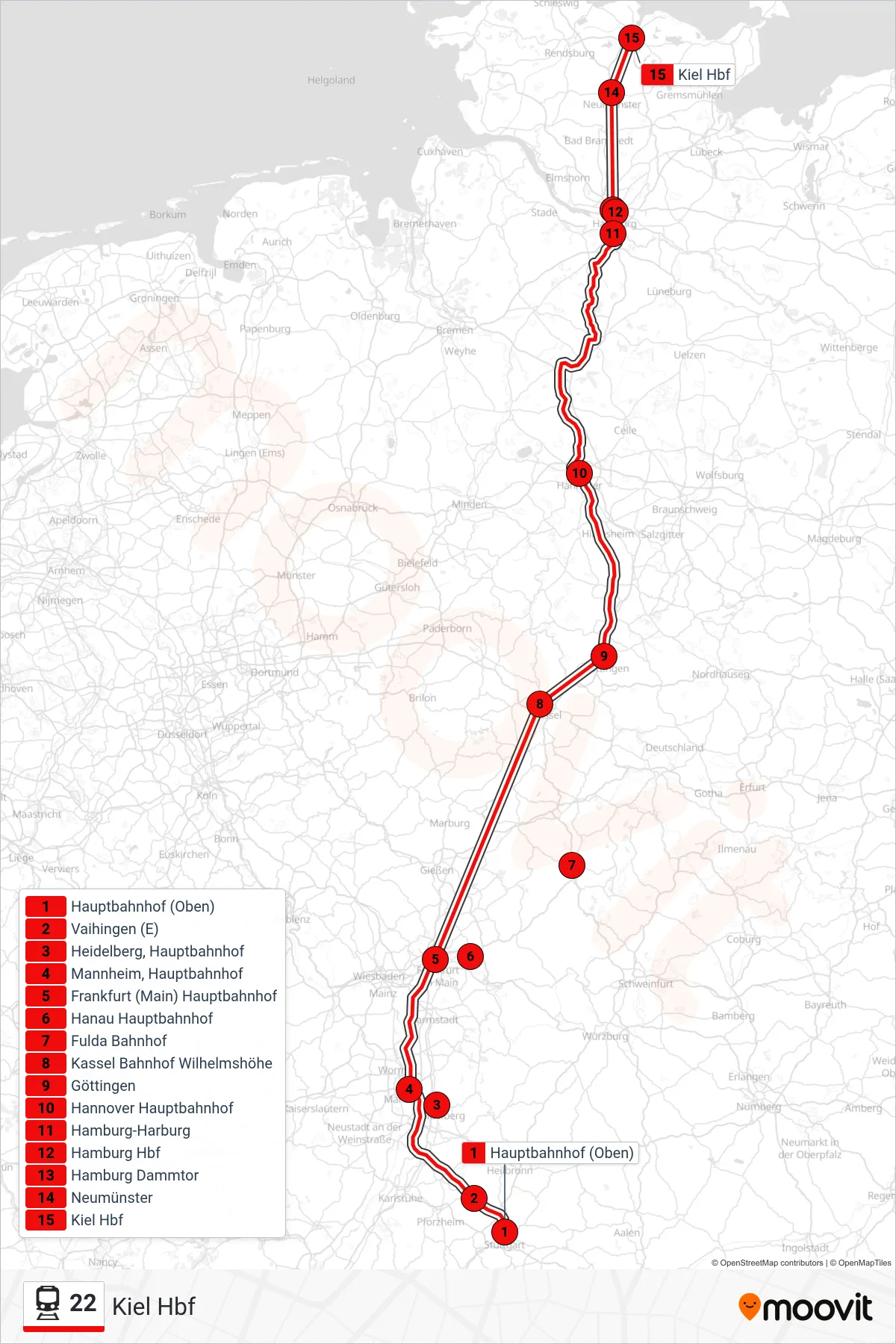 22 train Line (Kiel Hbf) route and stops on a map