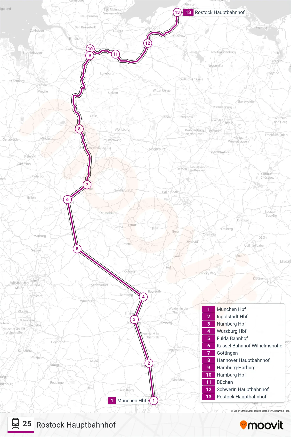 25 train Line (Rostock Hauptbahnhof) route and stops on a map