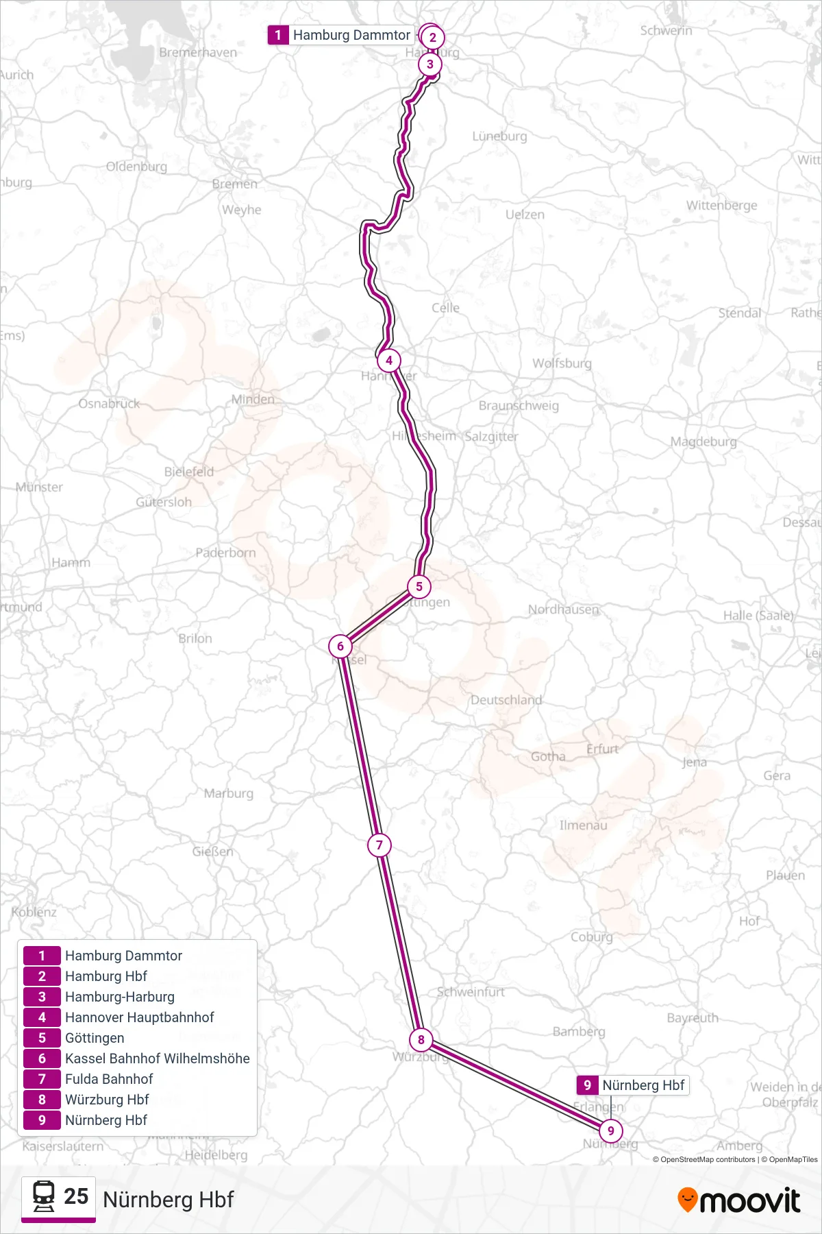 25 train Line (Nürnberg Hbf) route and stops on a map