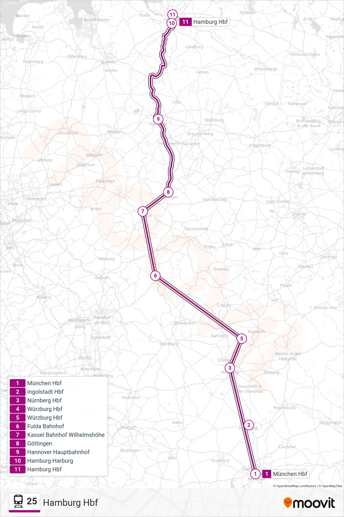25 train Line (Hamburg Hbf) route and stops on a map