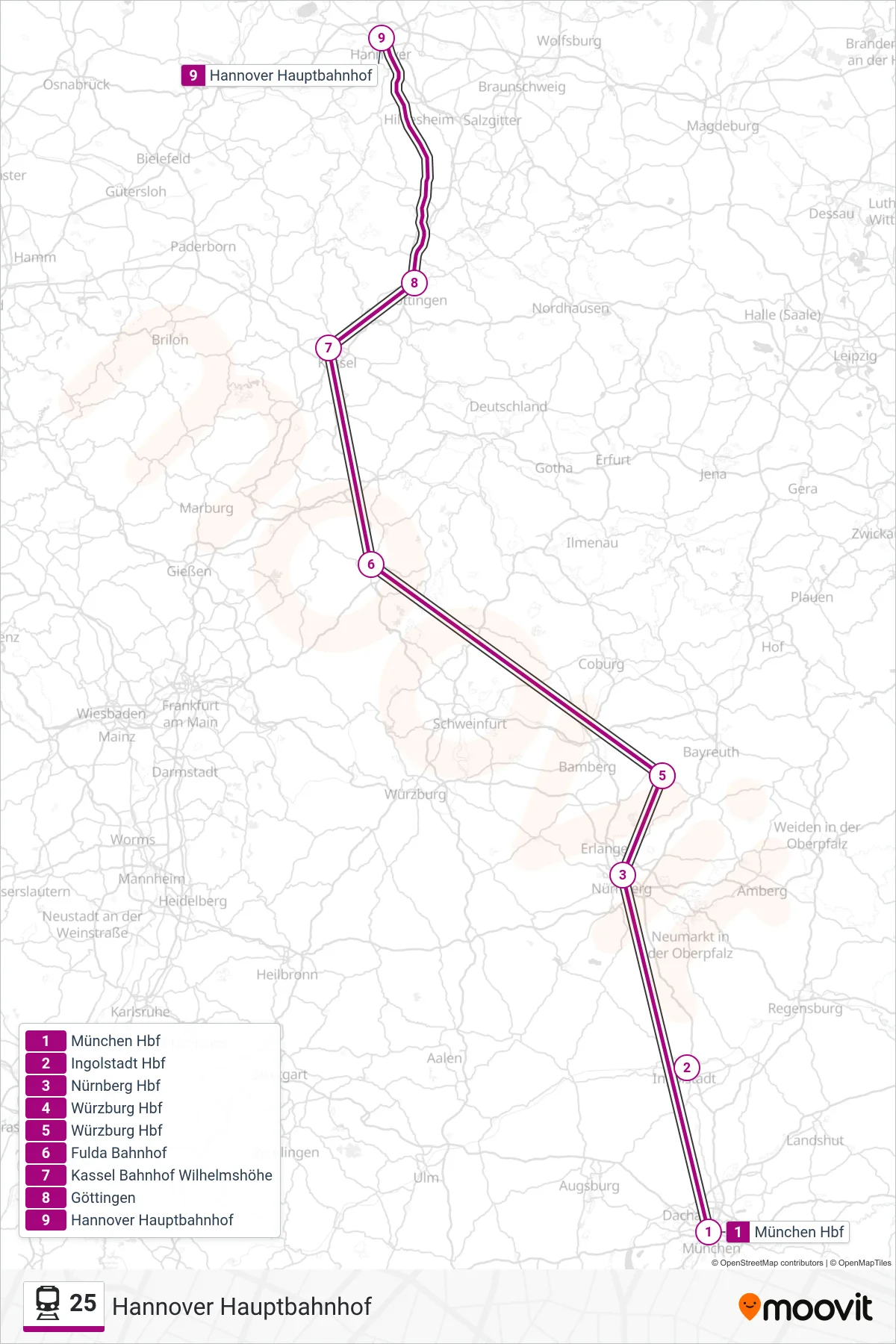 25 train Line (Hannover Hauptbahnhof) route and stops on a map