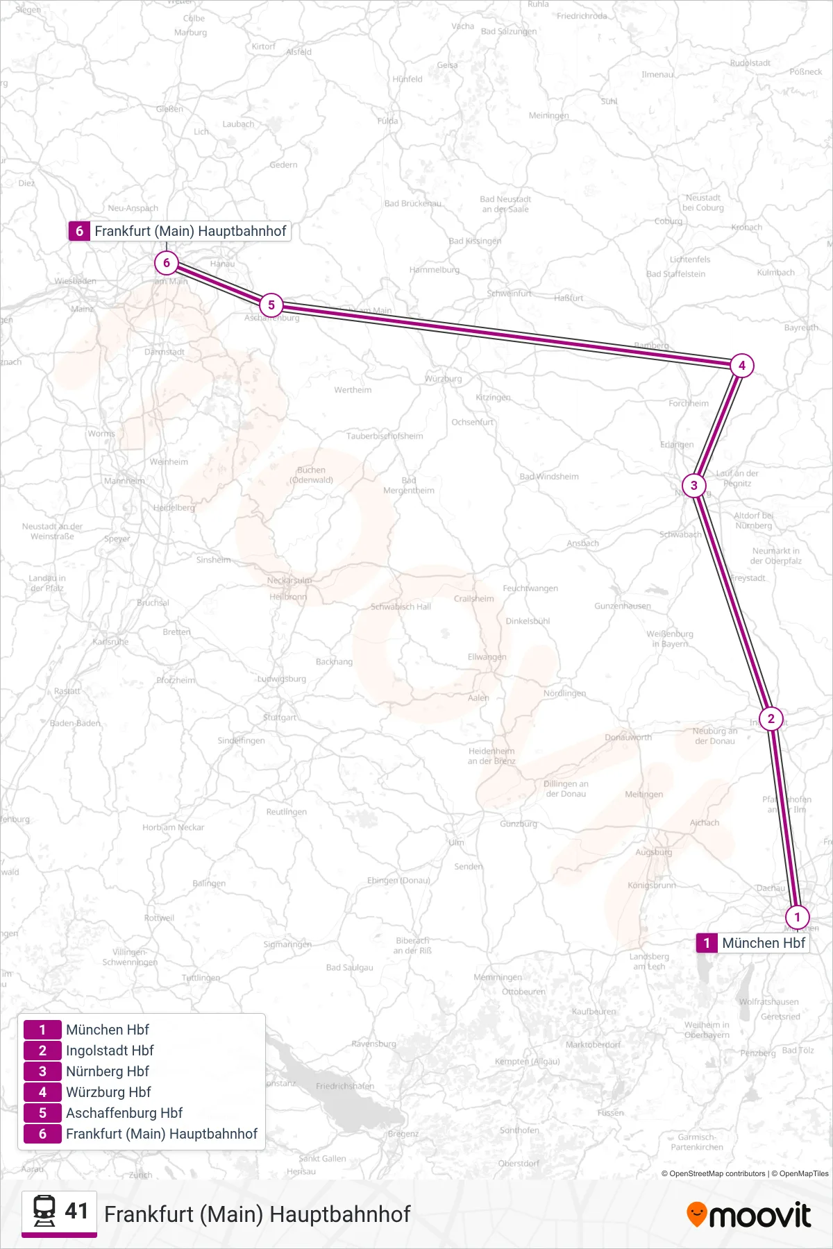 41 train Line (Frankfurt (Main) Hauptbahnhof) route and stops on a map