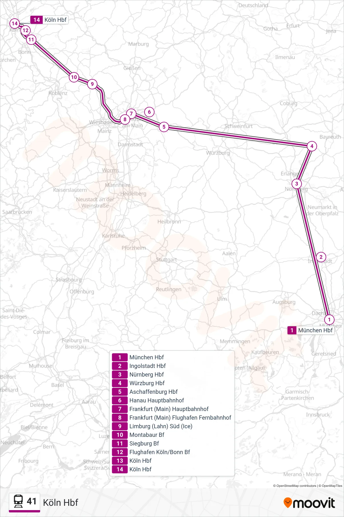 41 train Line (Köln Hbf) route and stops on a map
