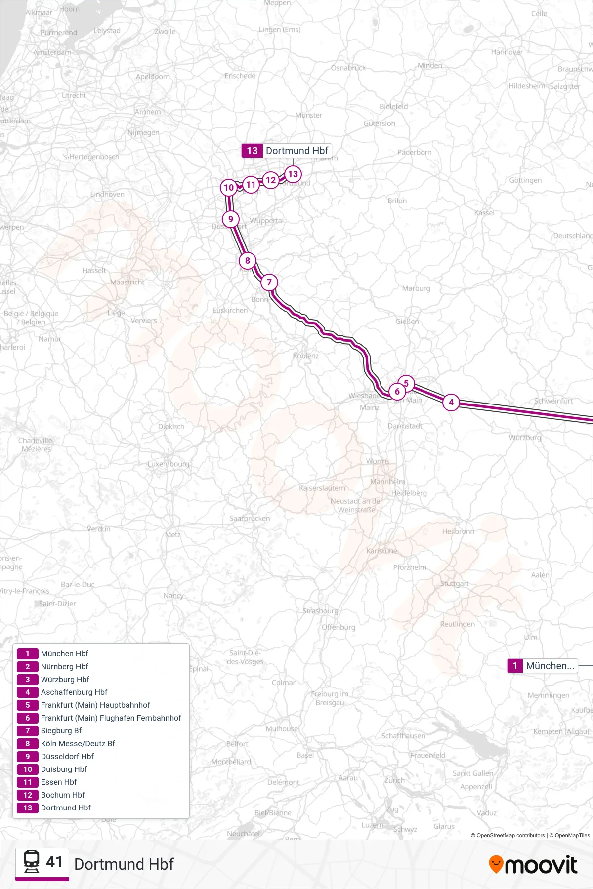 41 train Line (Dortmund Hbf) route and stops on a map