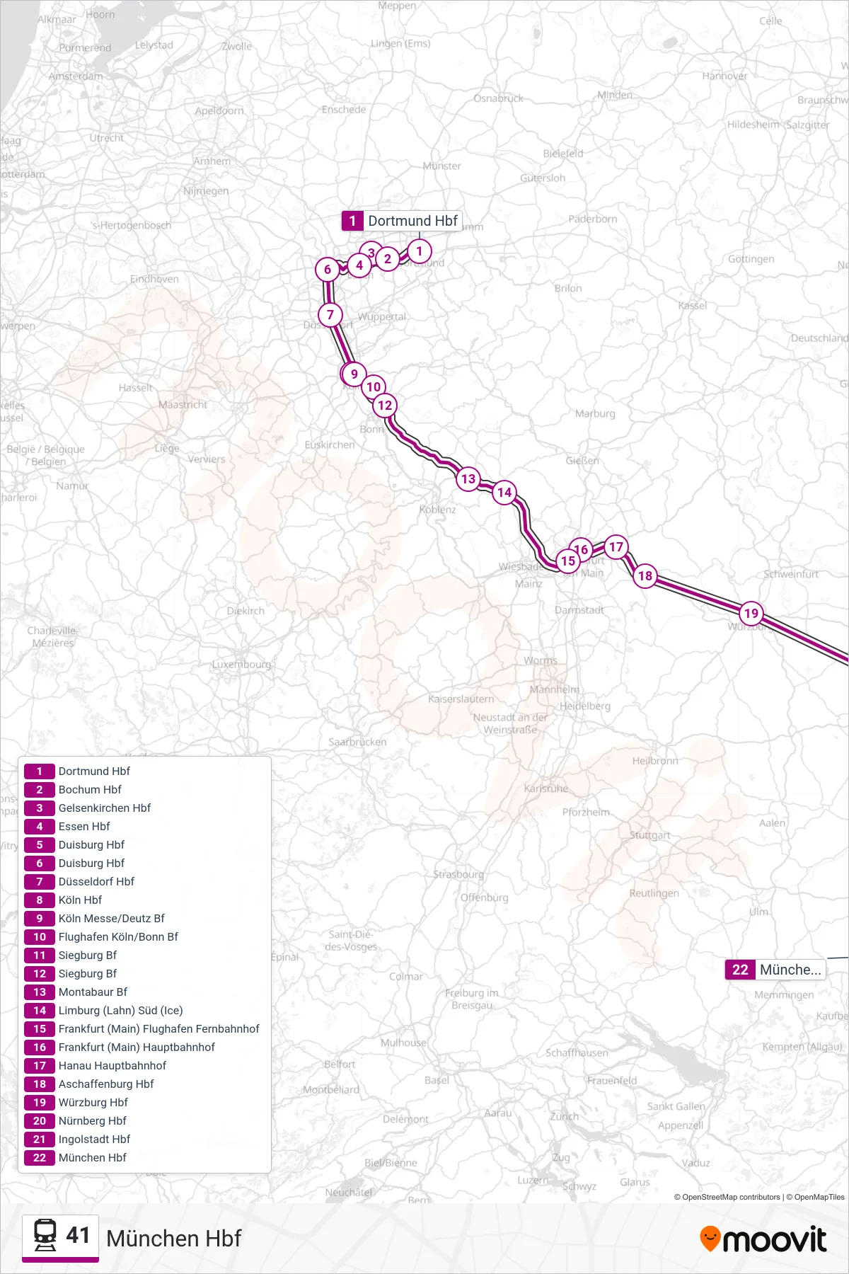 41 train Line (München Hbf) route and stops on a map