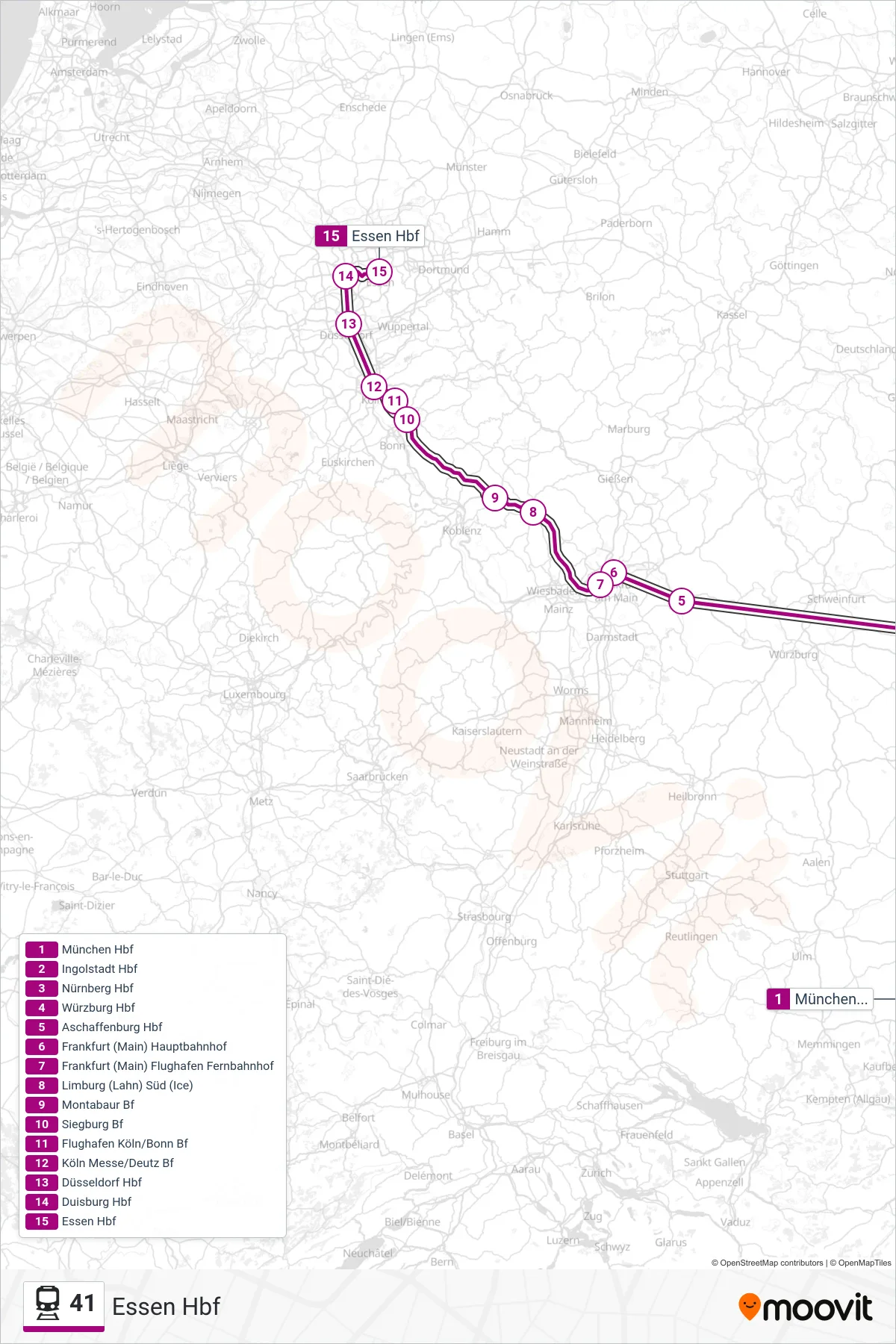 41 train Line (Essen Hbf) route and stops on a map