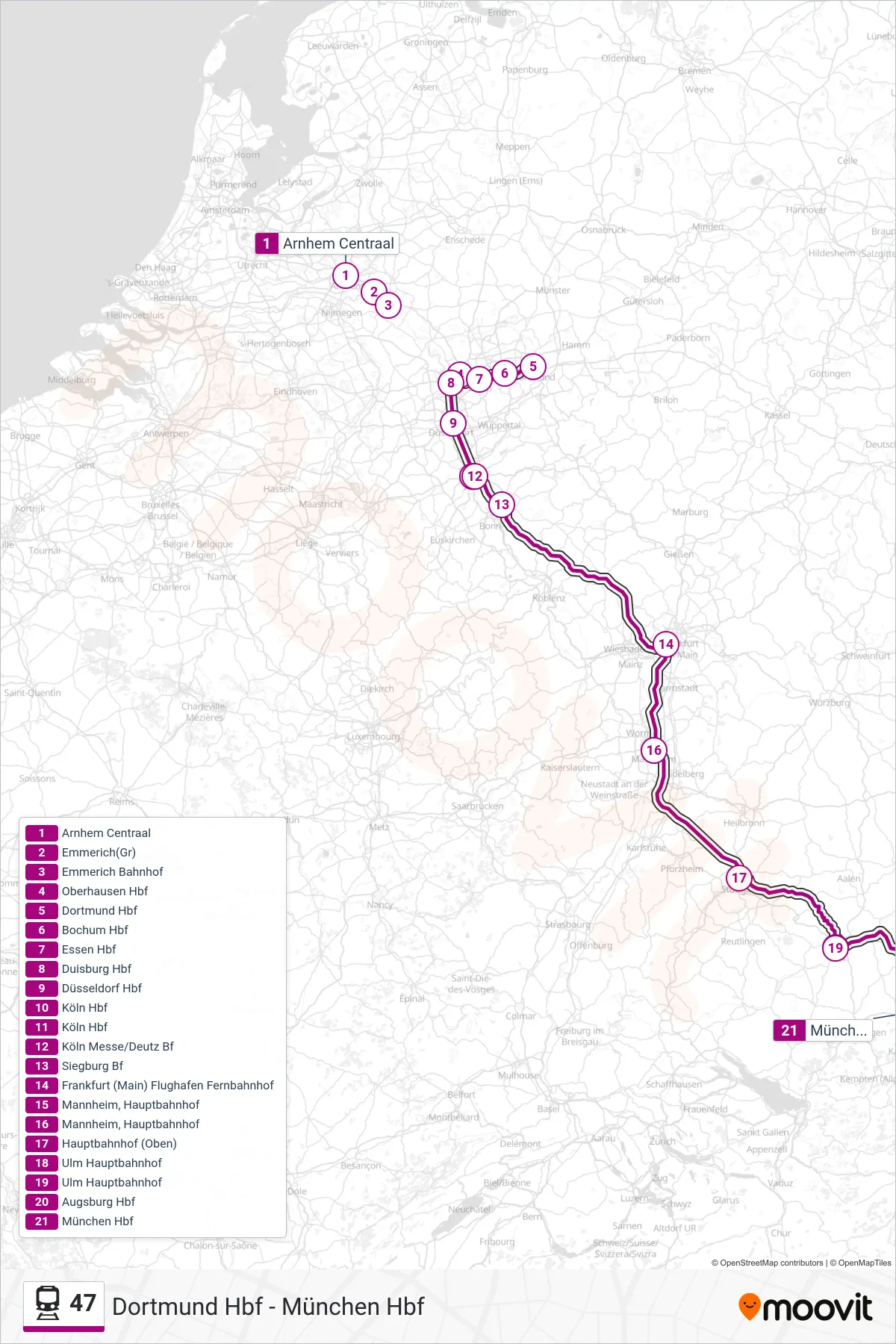 47 rail Line (München Hbf) route and stops on a map
