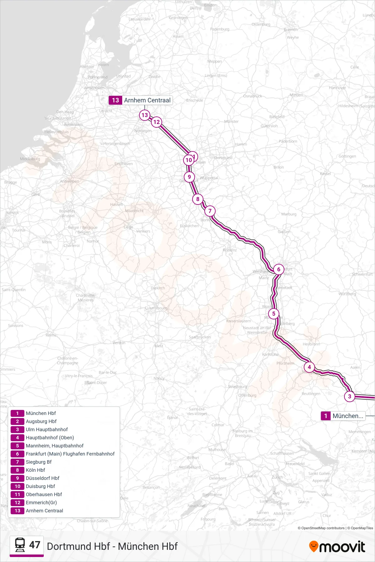 47 rail Line (Arnhem Centraal) route and stops on a map