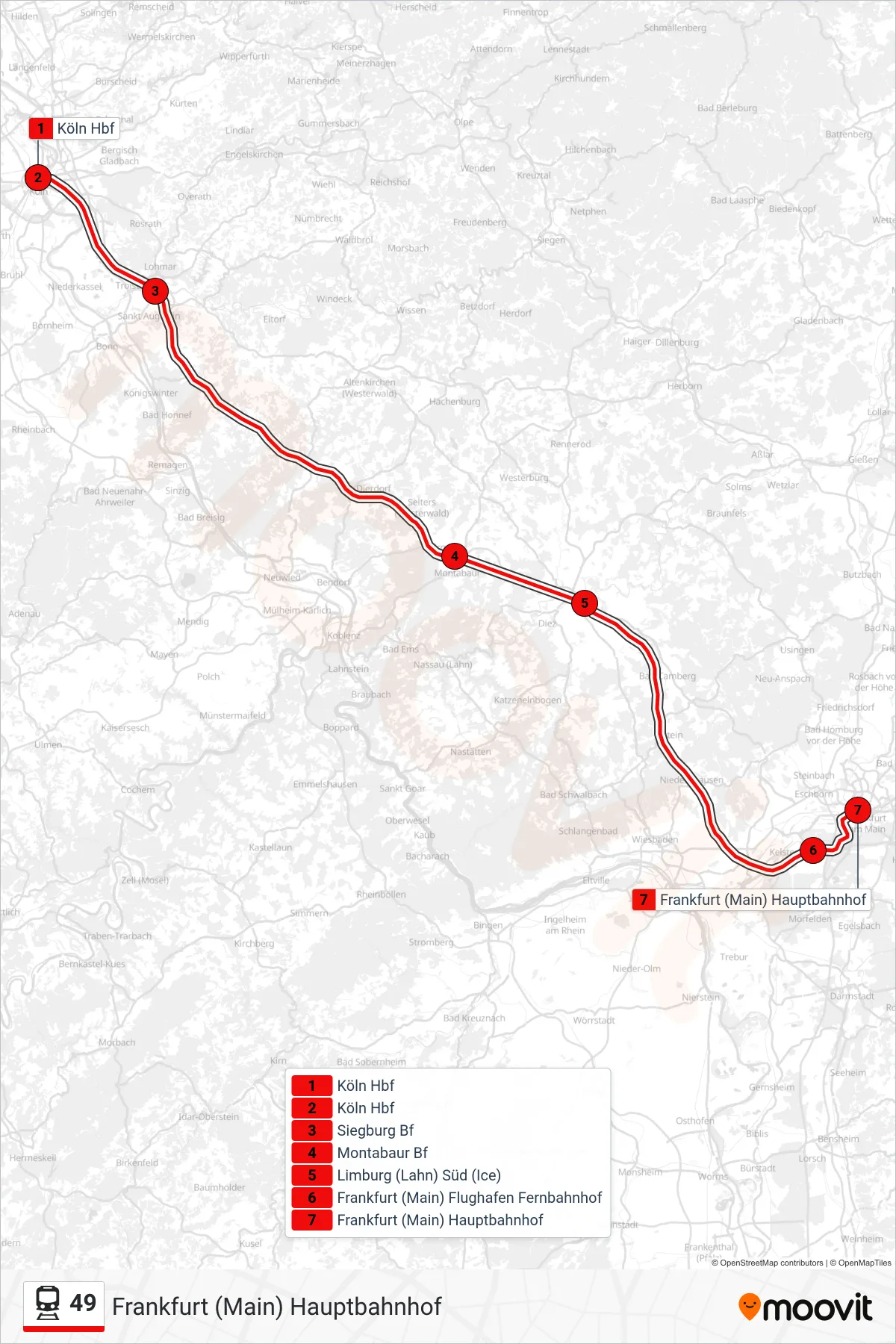 Linie 49 (Bahn) Richtung Frankfurt (Main) Hauptbahnhof: Route und Haltestellen auf der Karte