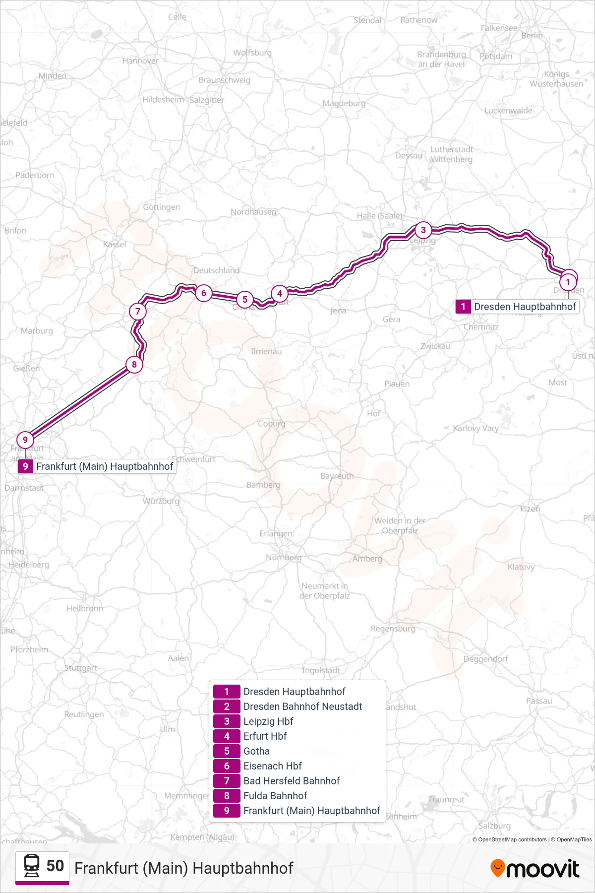 50 rail Line (Frankfurt (Main) Hauptbahnhof) route and stops on a map