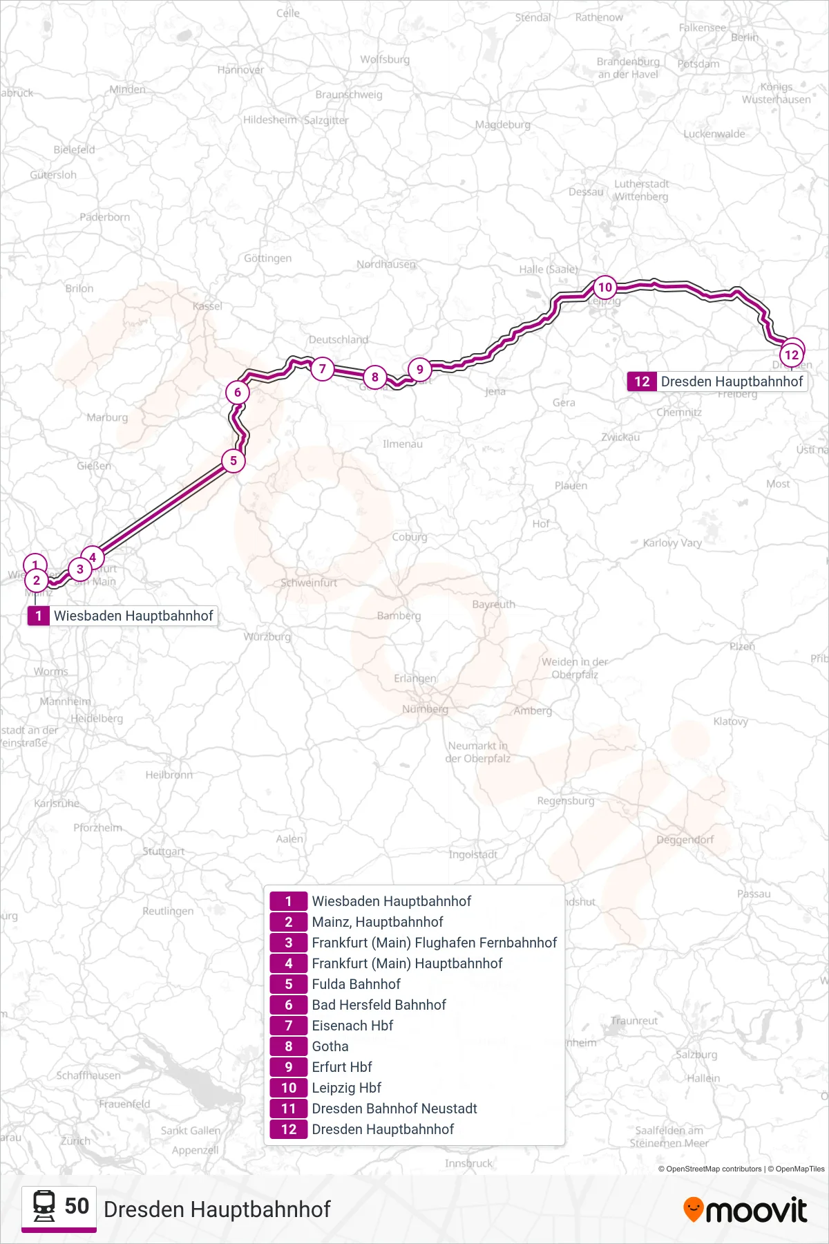 50 train Line (Dresden Hauptbahnhof) route and stops on a map