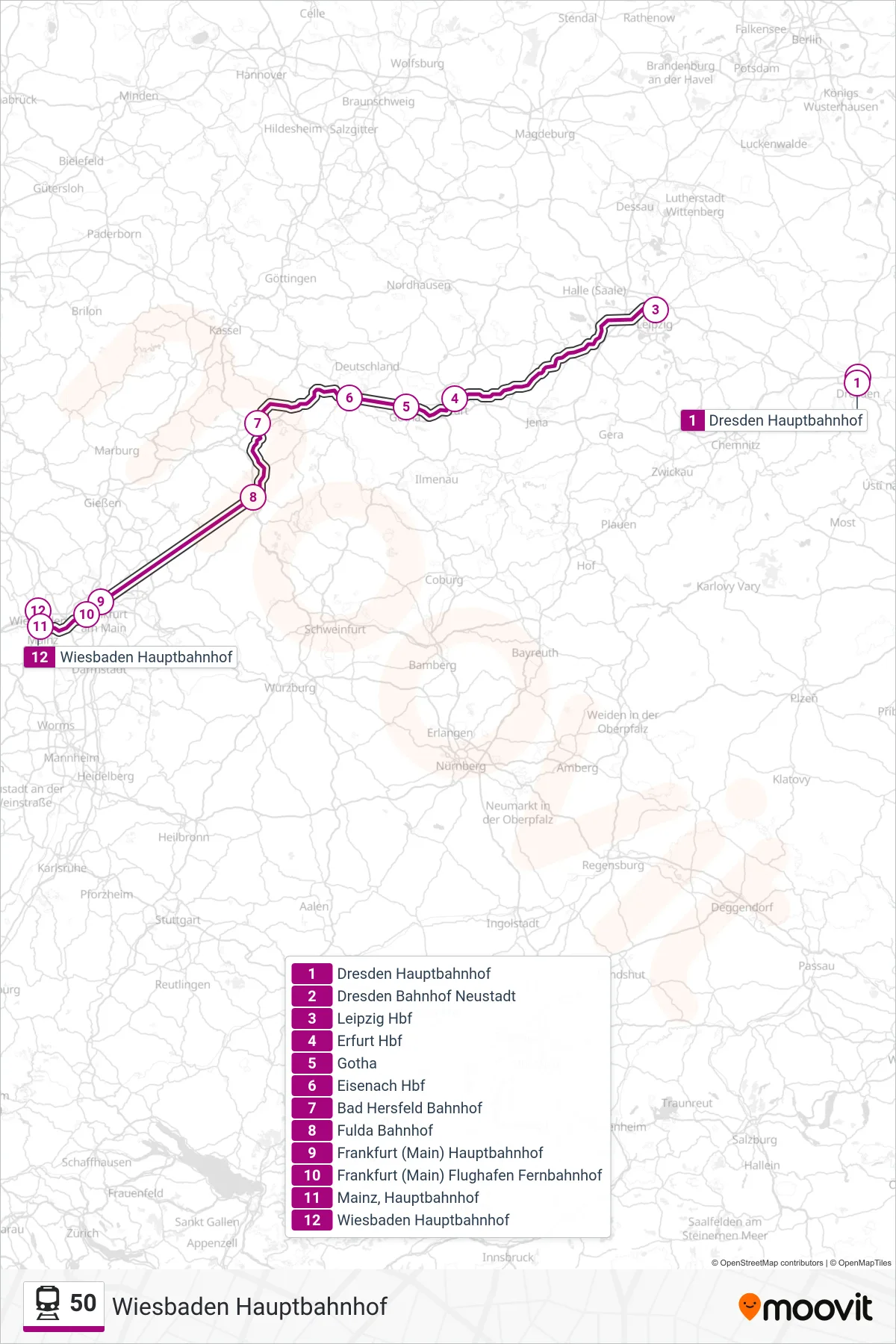 50 train Line (Wiesbaden Hauptbahnhof) route and stops on a map