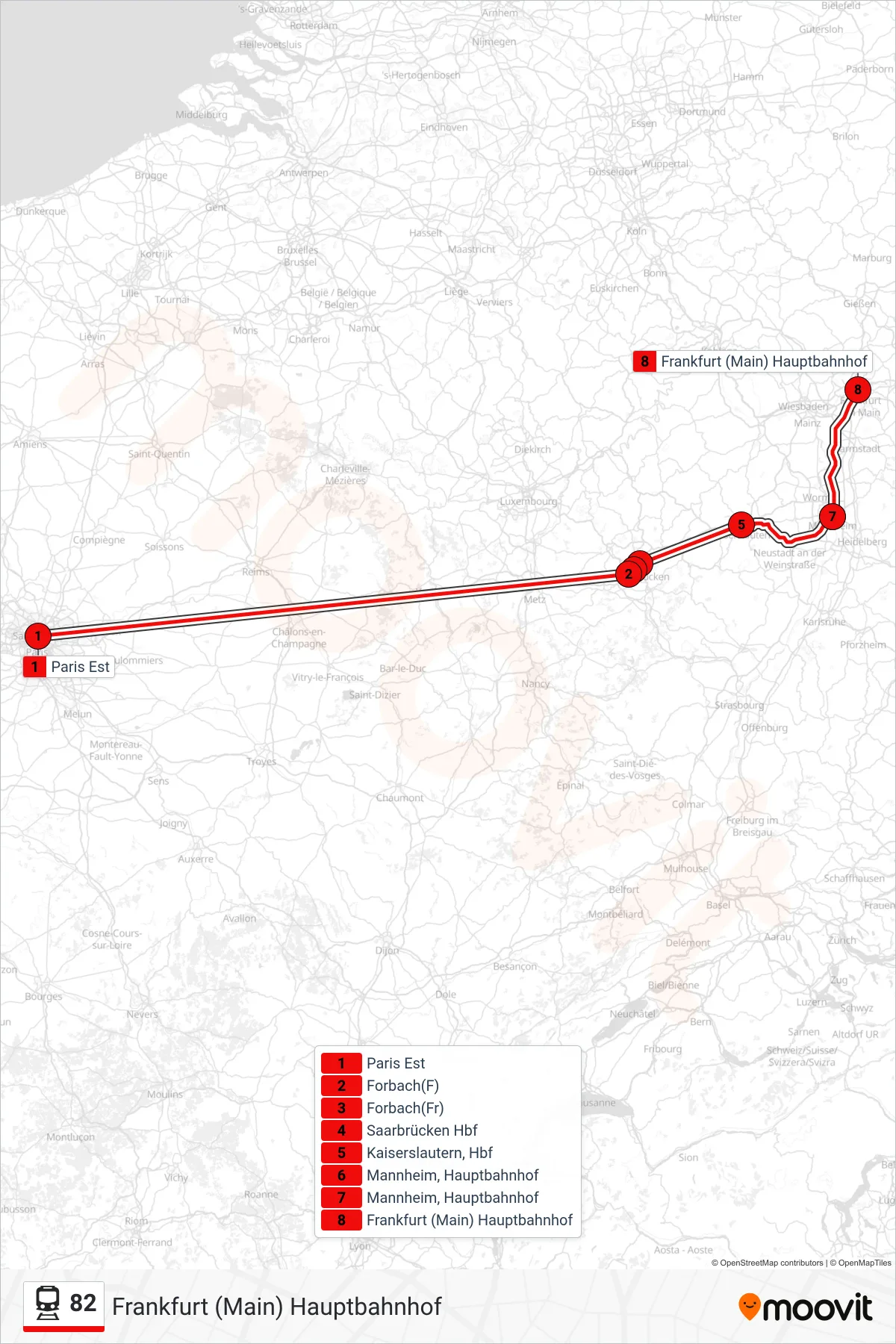 82 train Line (Frankfurt (Main) Hauptbahnhof) route and stops on a map