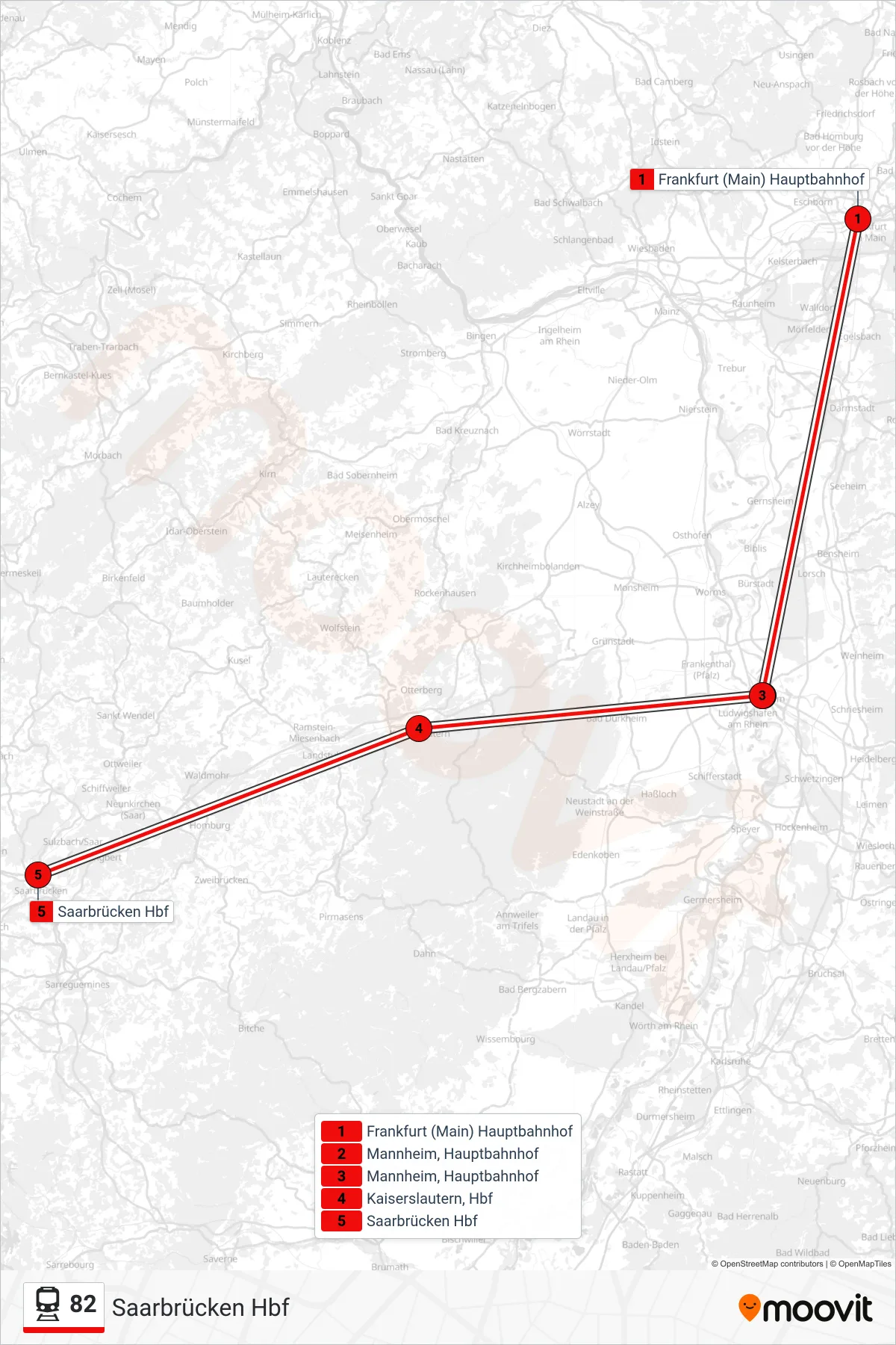 82 train Line (Saarbrücken Hbf) route and stops on a map