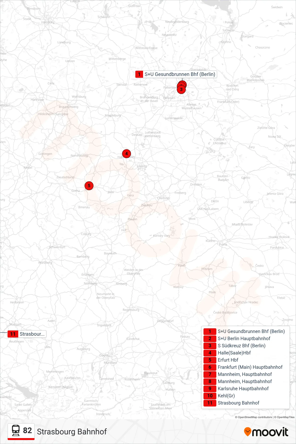 82 rail Line (Strasbourg Bahnhof) route and stops on a map