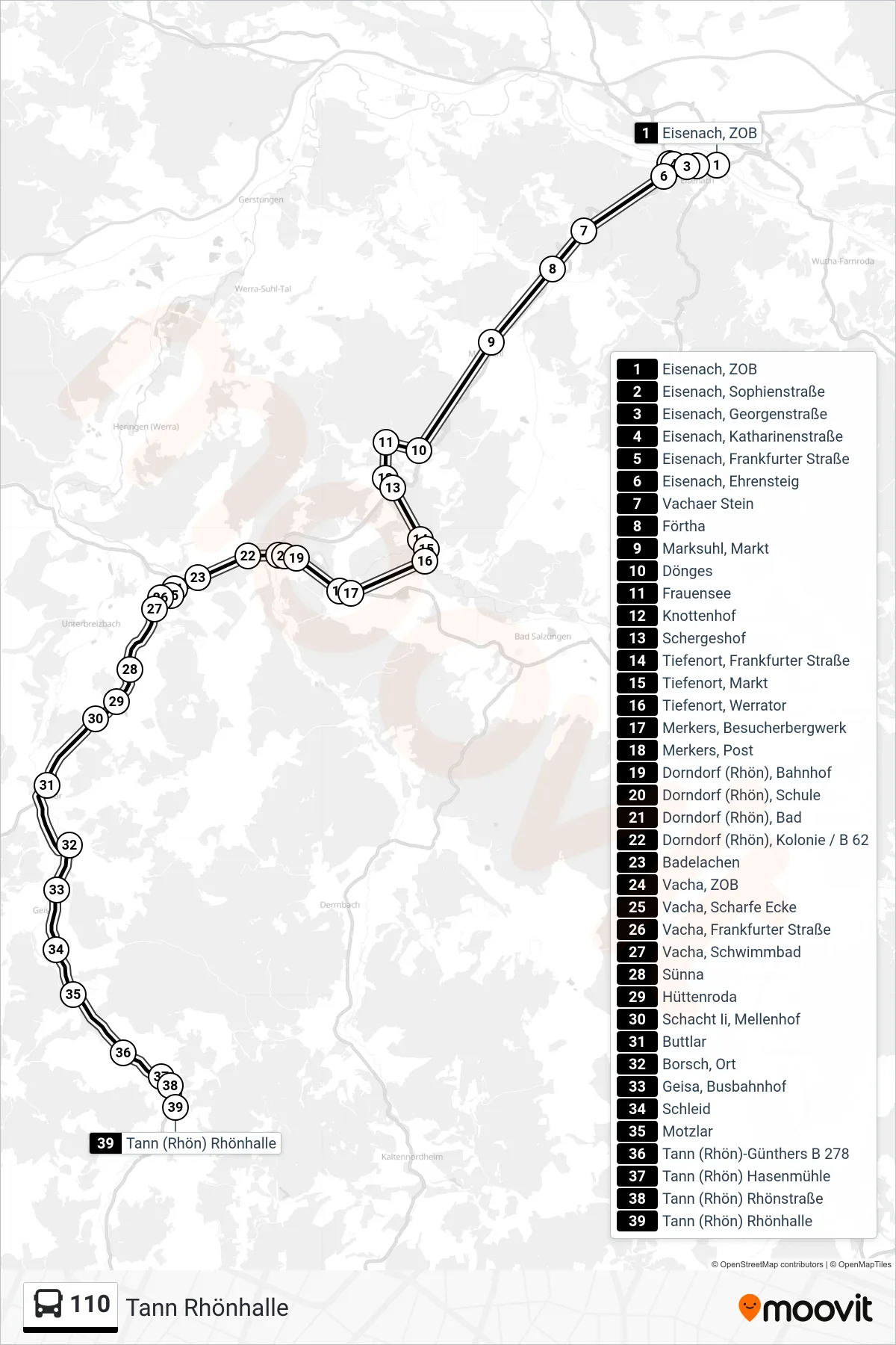 110 bus Line (Tann Rhönhalle) route and stops on a map