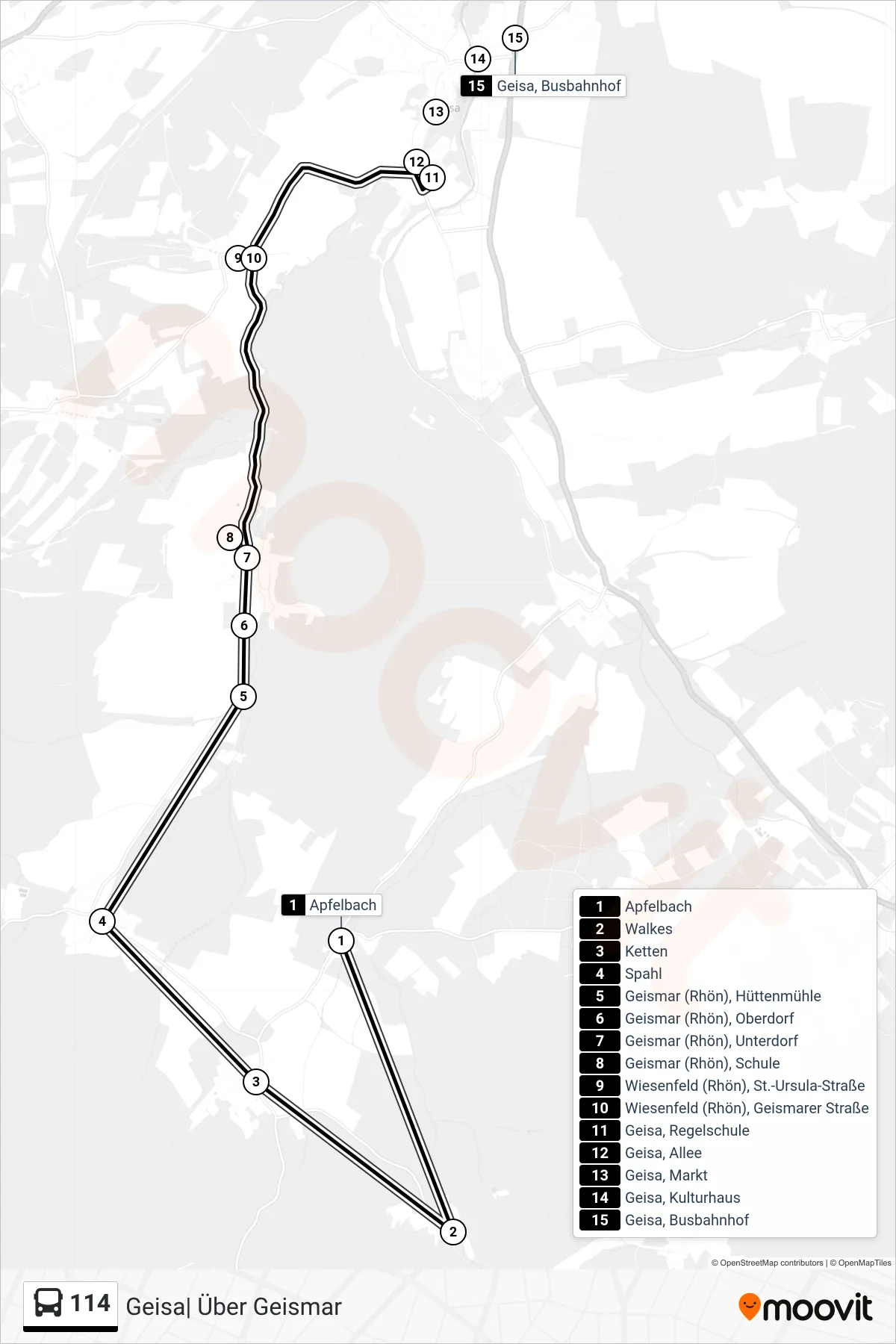 114 bus Line (Geisa| Über Geismar) route and stops on a map