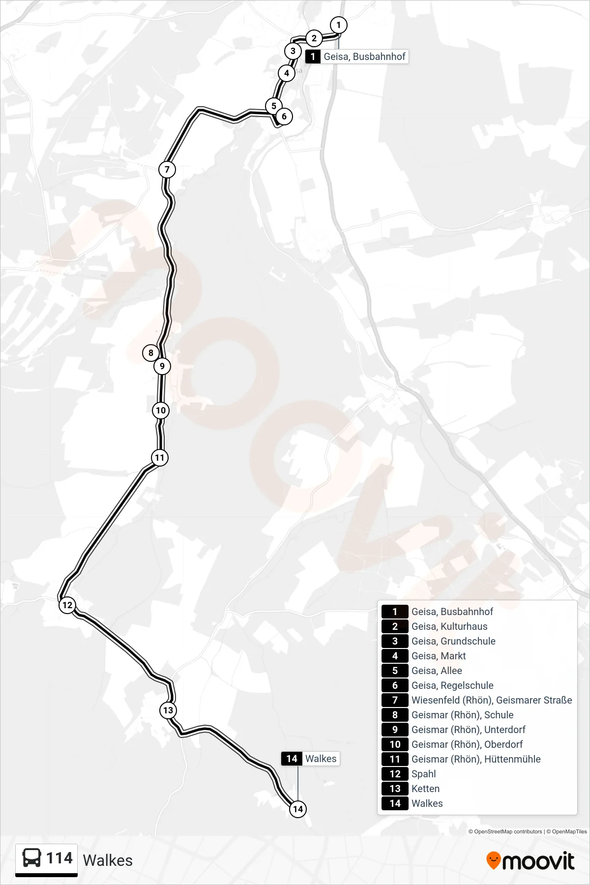 114 bus Line (Walkes) route and stops on a map