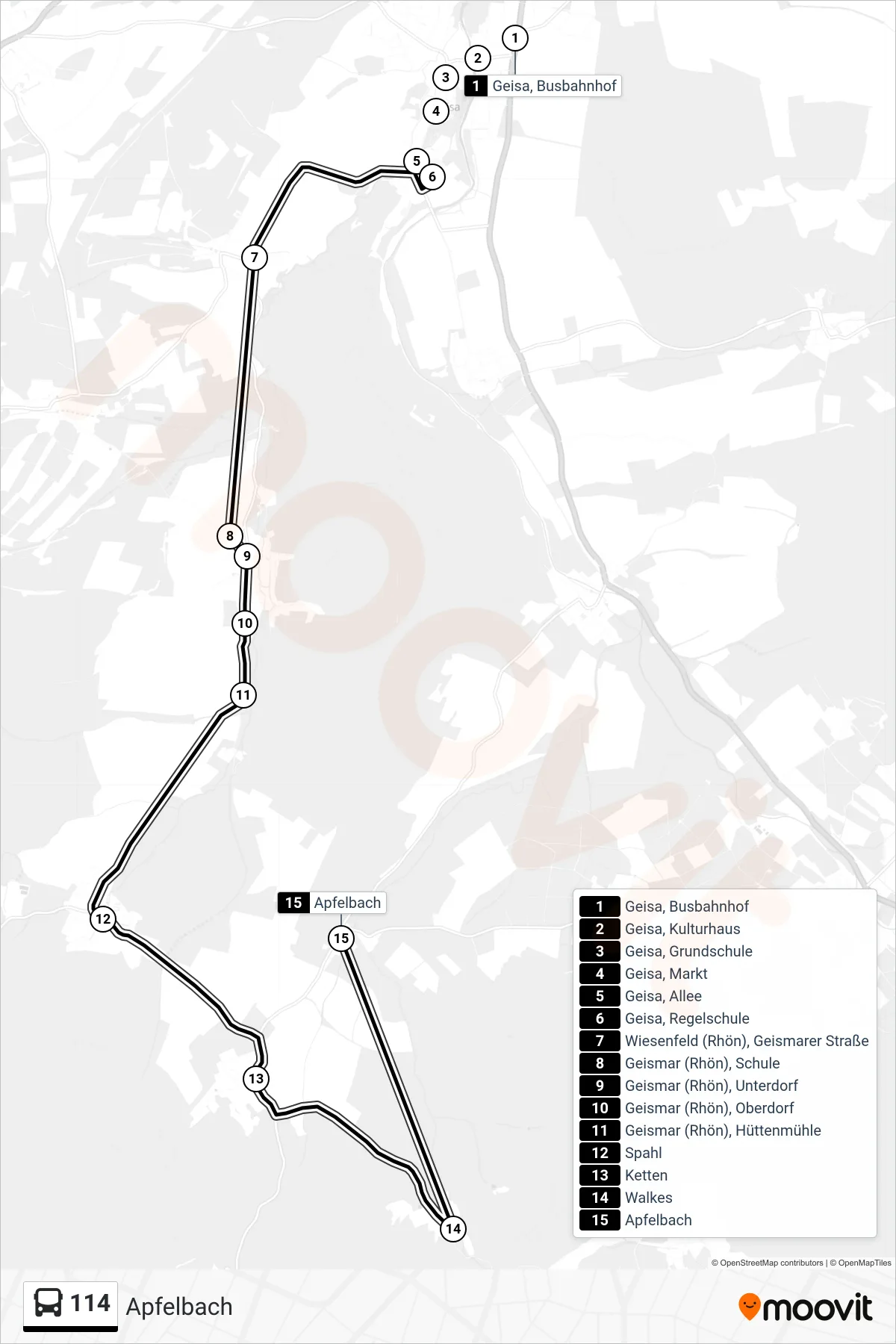 114 bus Line (Apfelbach) route and stops on a map