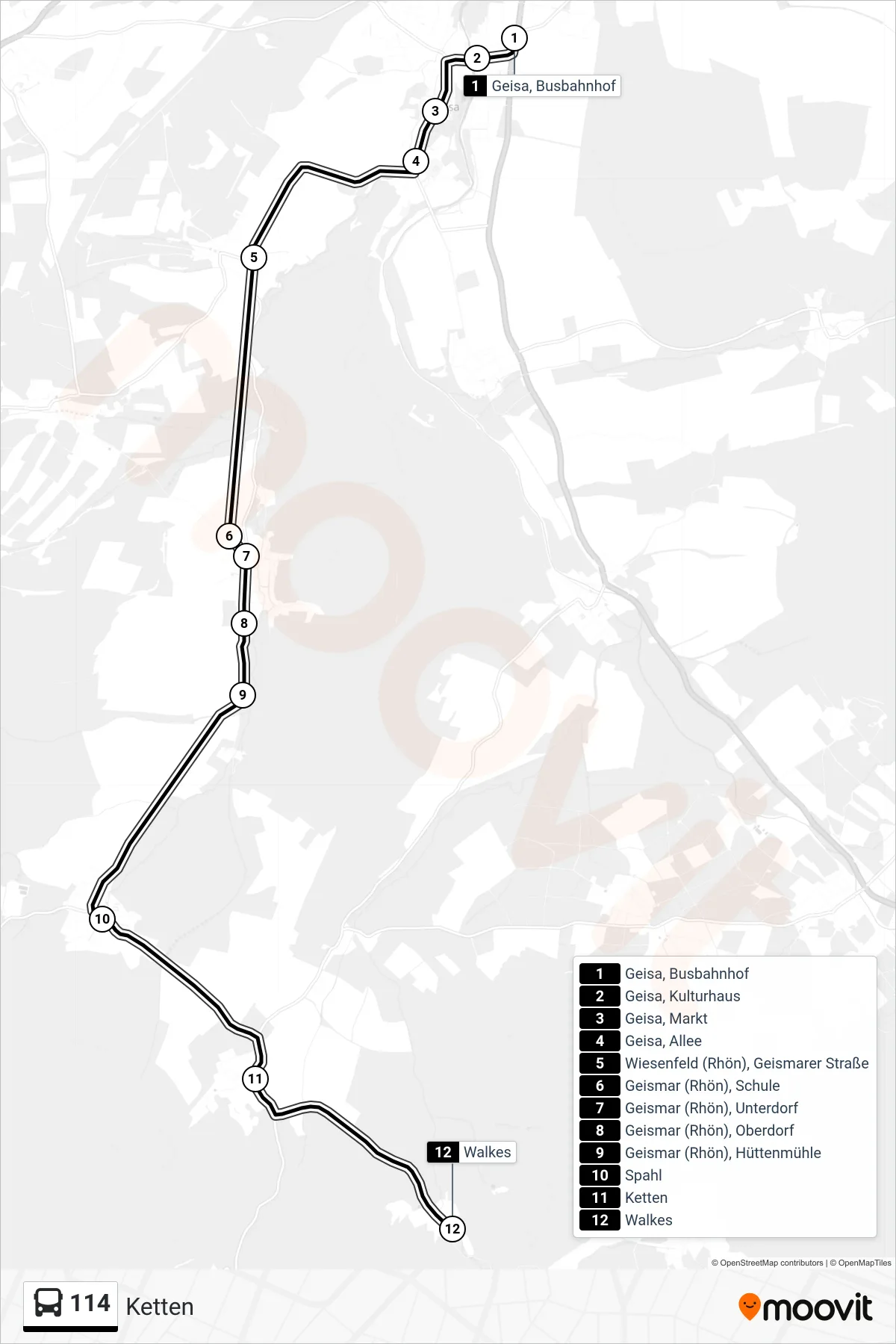 Linie 114 (Bus) Richtung Ketten: Route und Haltestellen auf der Karte