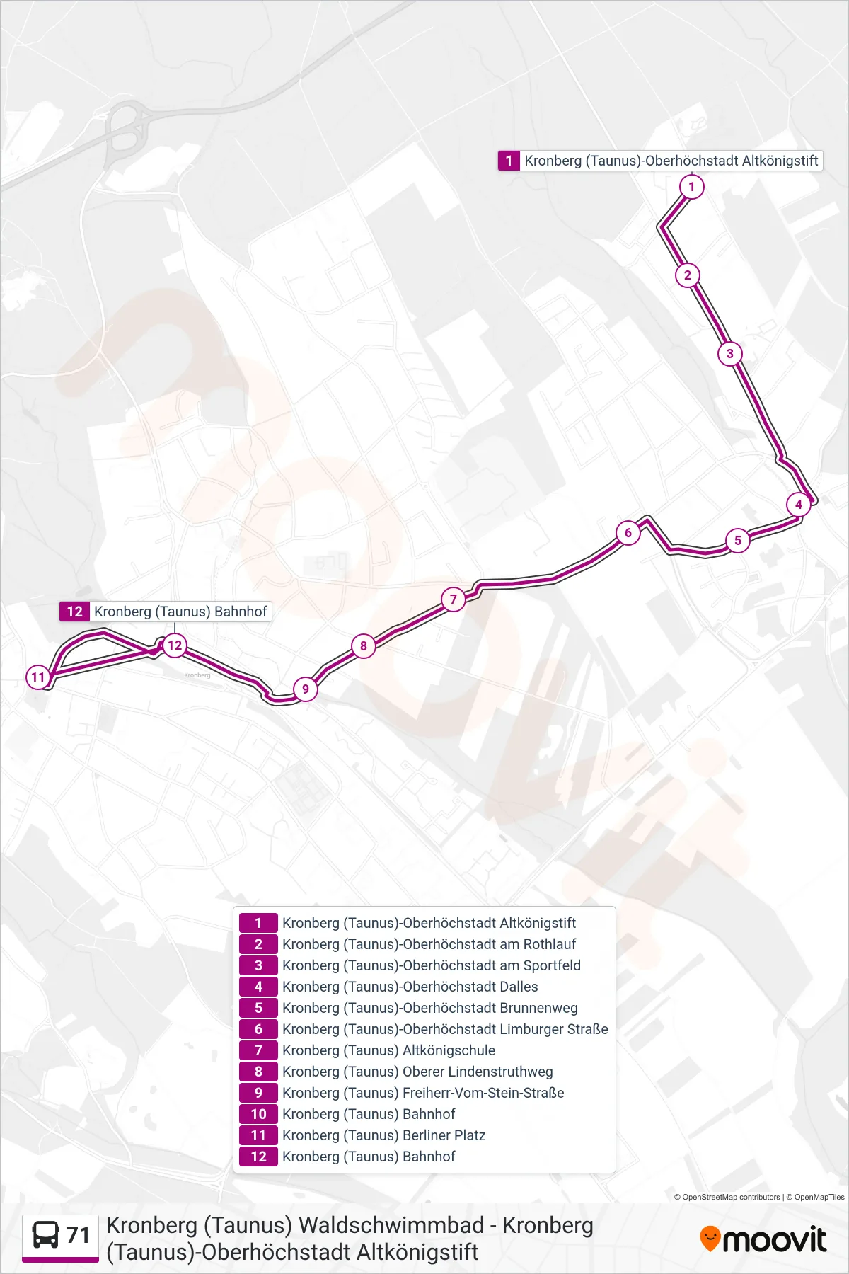 71 bus Line (Kronberg (Taunus) Bahnhof) route and stops on a map
