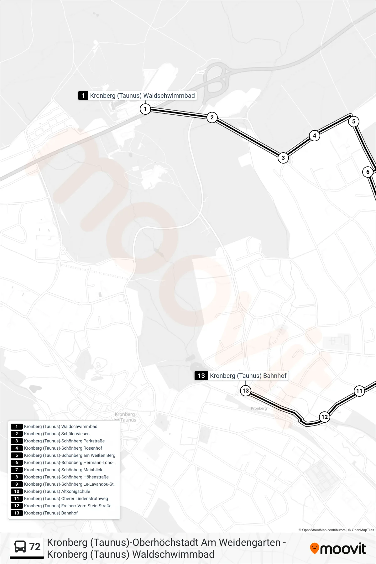 72 bus Line (Kronberg (Taunus) Bahnhof) route and stops on a map