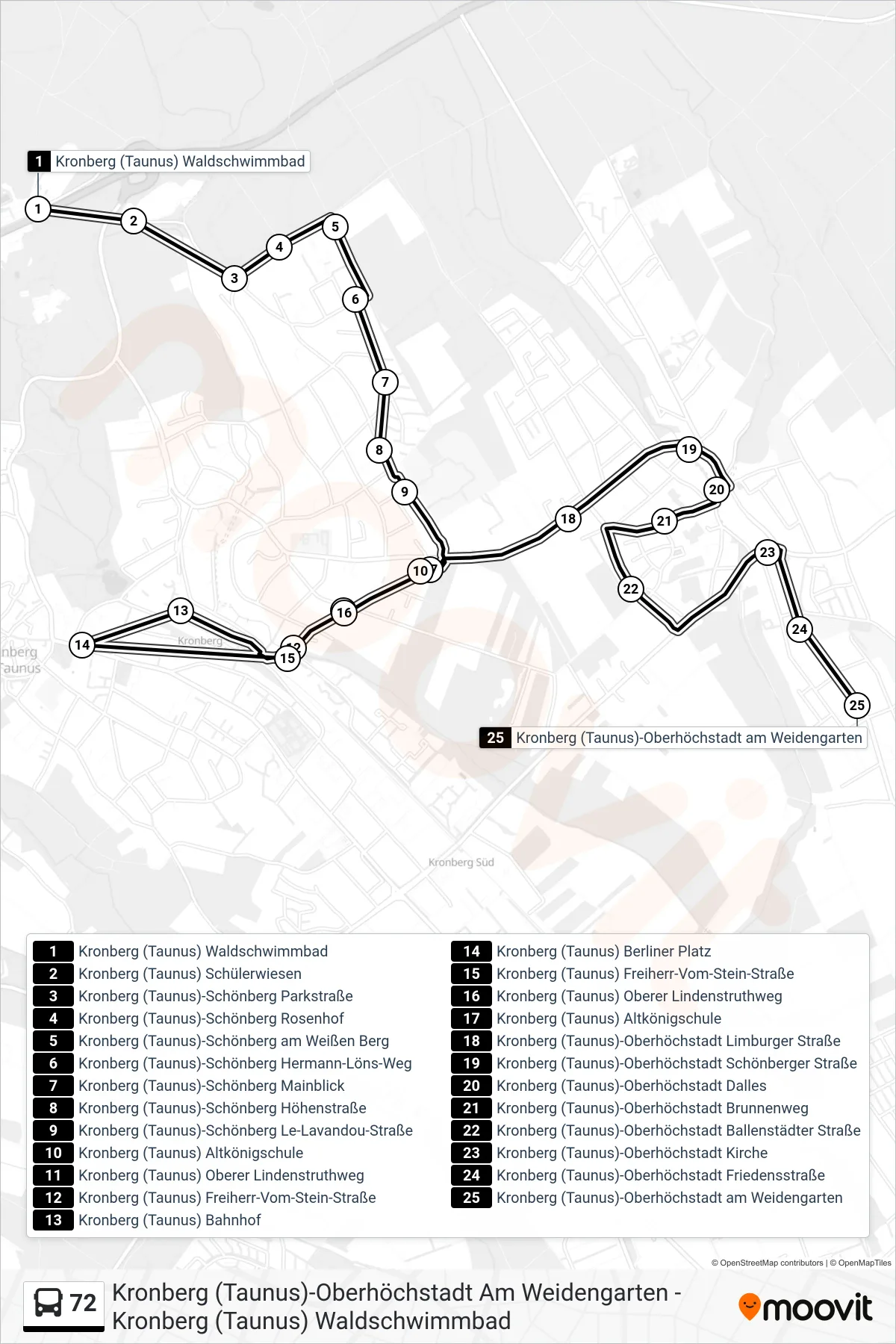 Linie 72 (Bus) Richtung Kronberg (Taunus)-Oberhöchstadt am Weidengarten: Route und Haltestellen auf der Karte