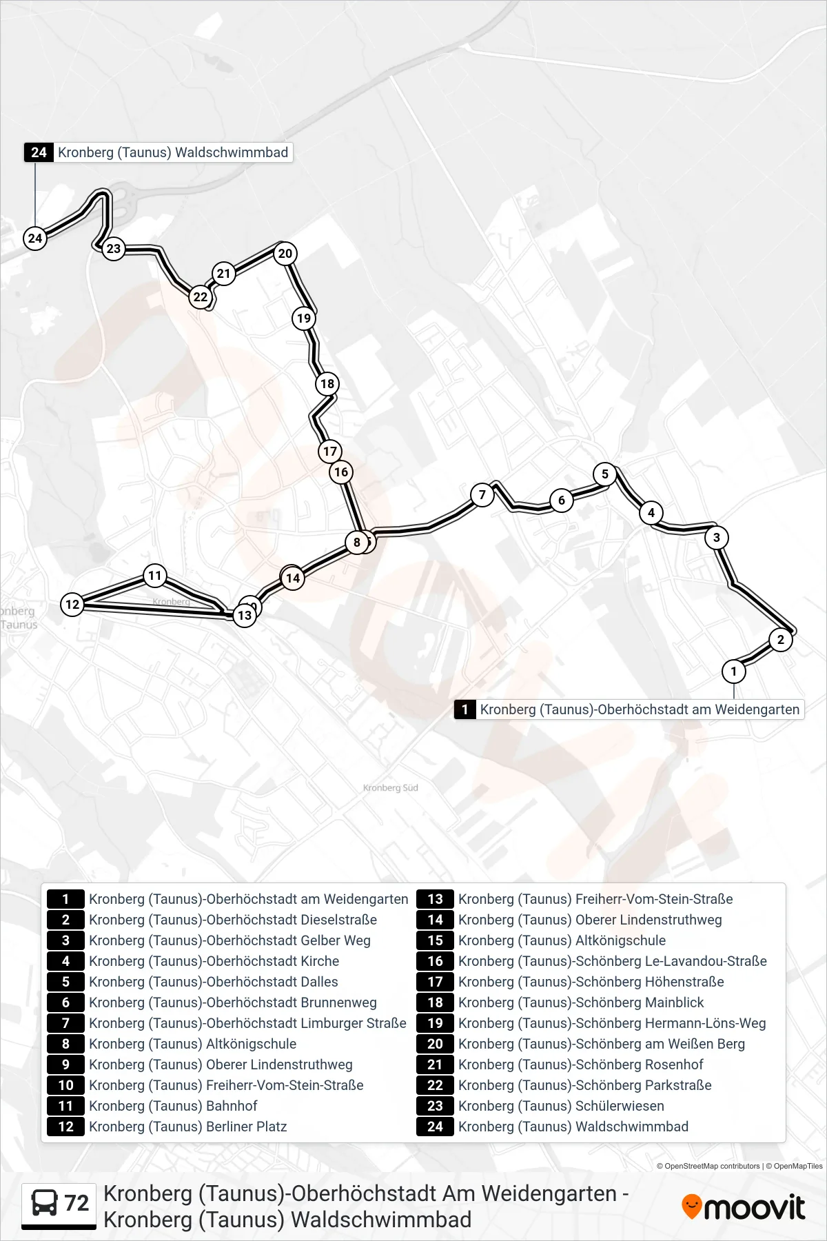 72 bus Line (Kronberg (Taunus) Waldschwimmbad) route and stops on a map