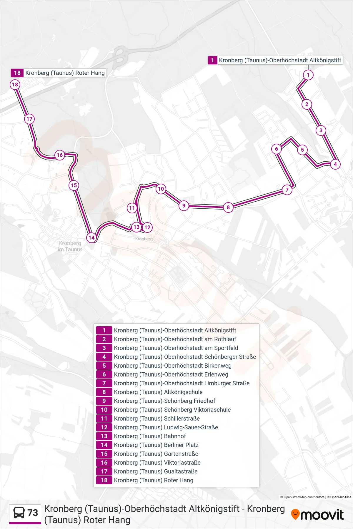 73 bus Line (Kronberg (Taunus) Roter Hang) route and stops on a map