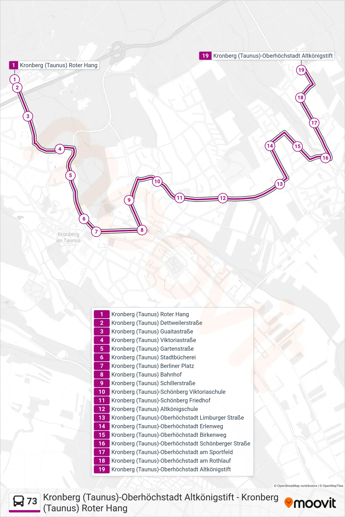 Linie 73 (Bus) Richtung Kronberg (Taunus)-Oberhöchstadt Altkönigstift: Route und Haltestellen auf der Karte