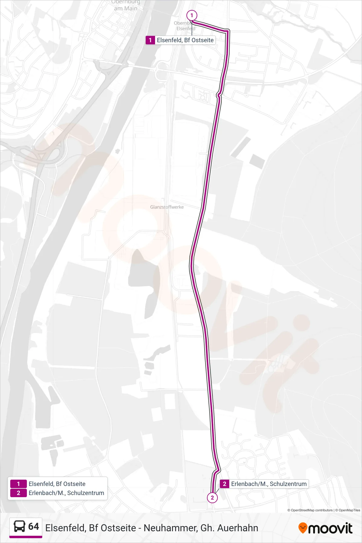 64 bus Line (Erlenbach/M., Schulzentrum) route and stops on a map