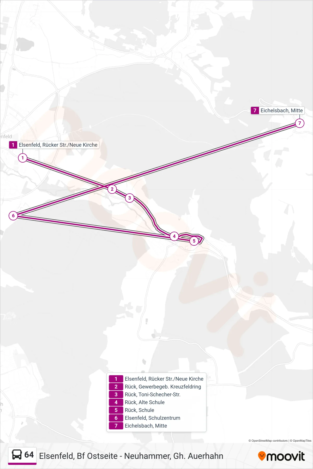 64 bus Line (Eichelsbach Mitte) route and stops on a map