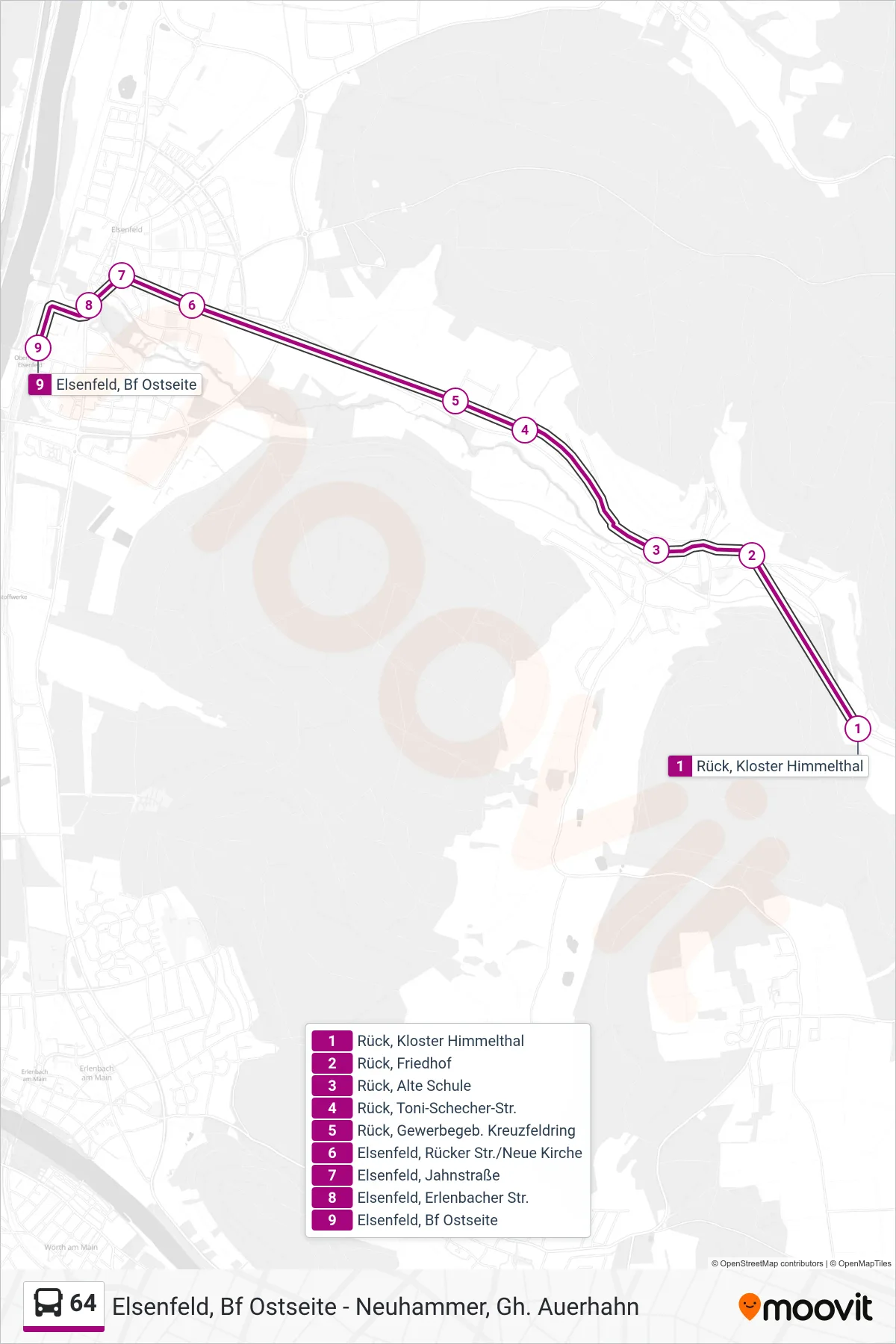 64 bus Line (Elsenfeld, Bf Ostseite) route and stops on a map