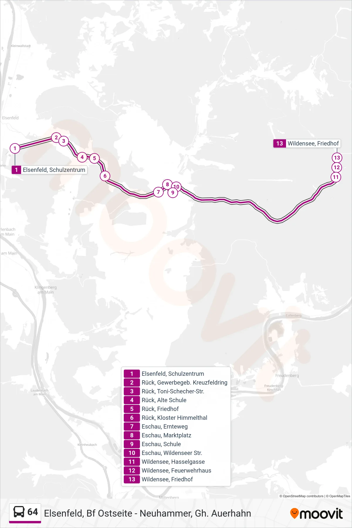 64 bus Line (Wildensee Friedhof) route and stops on a map