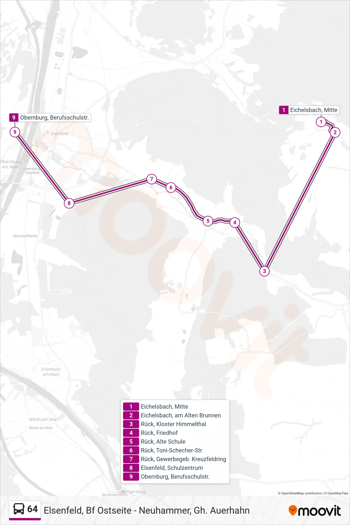 64 bus Line (Obernburg Berufsschulstraße) route and stops on a map