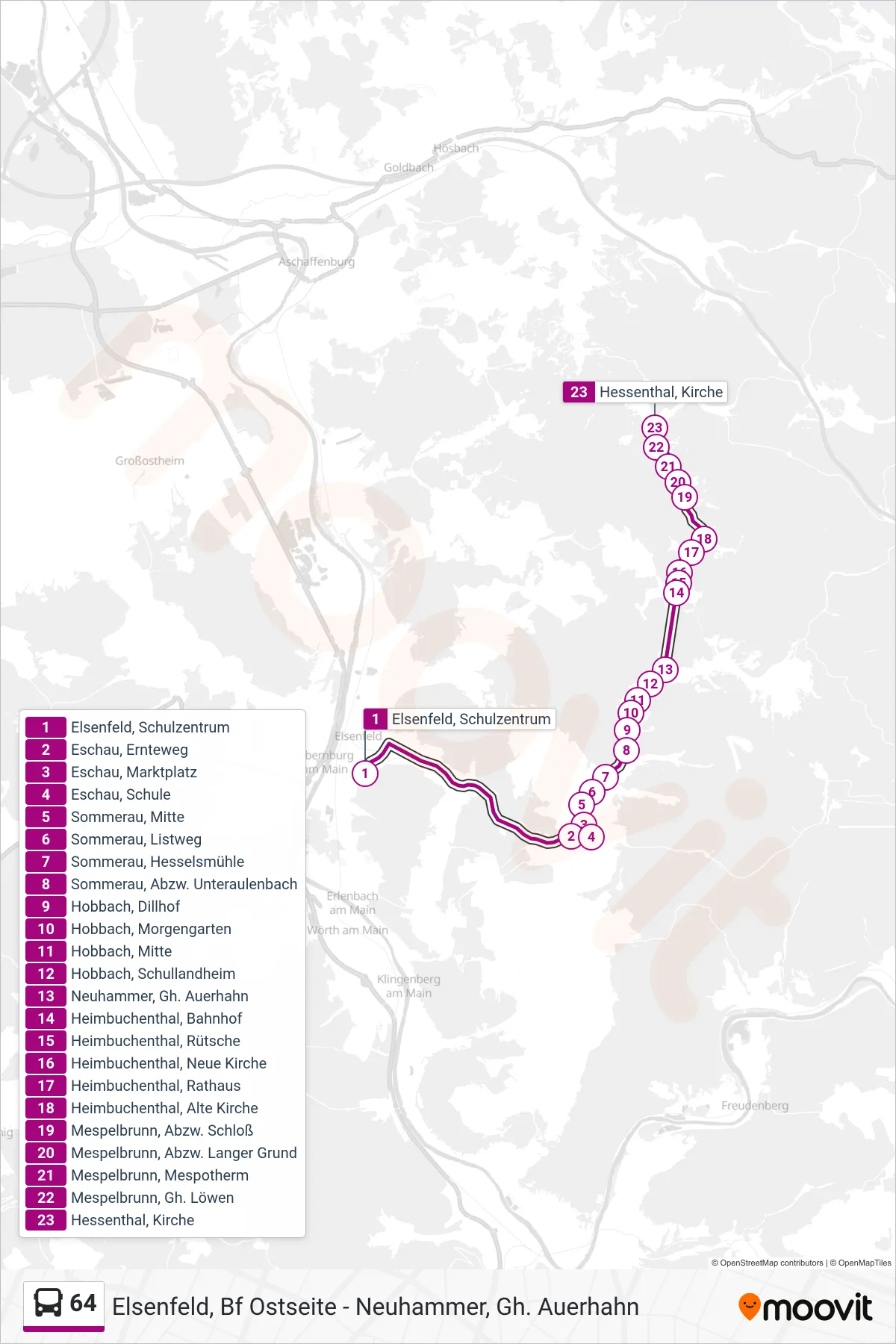 64 bus Line (Hessenthal Kirche) route and stops on a map