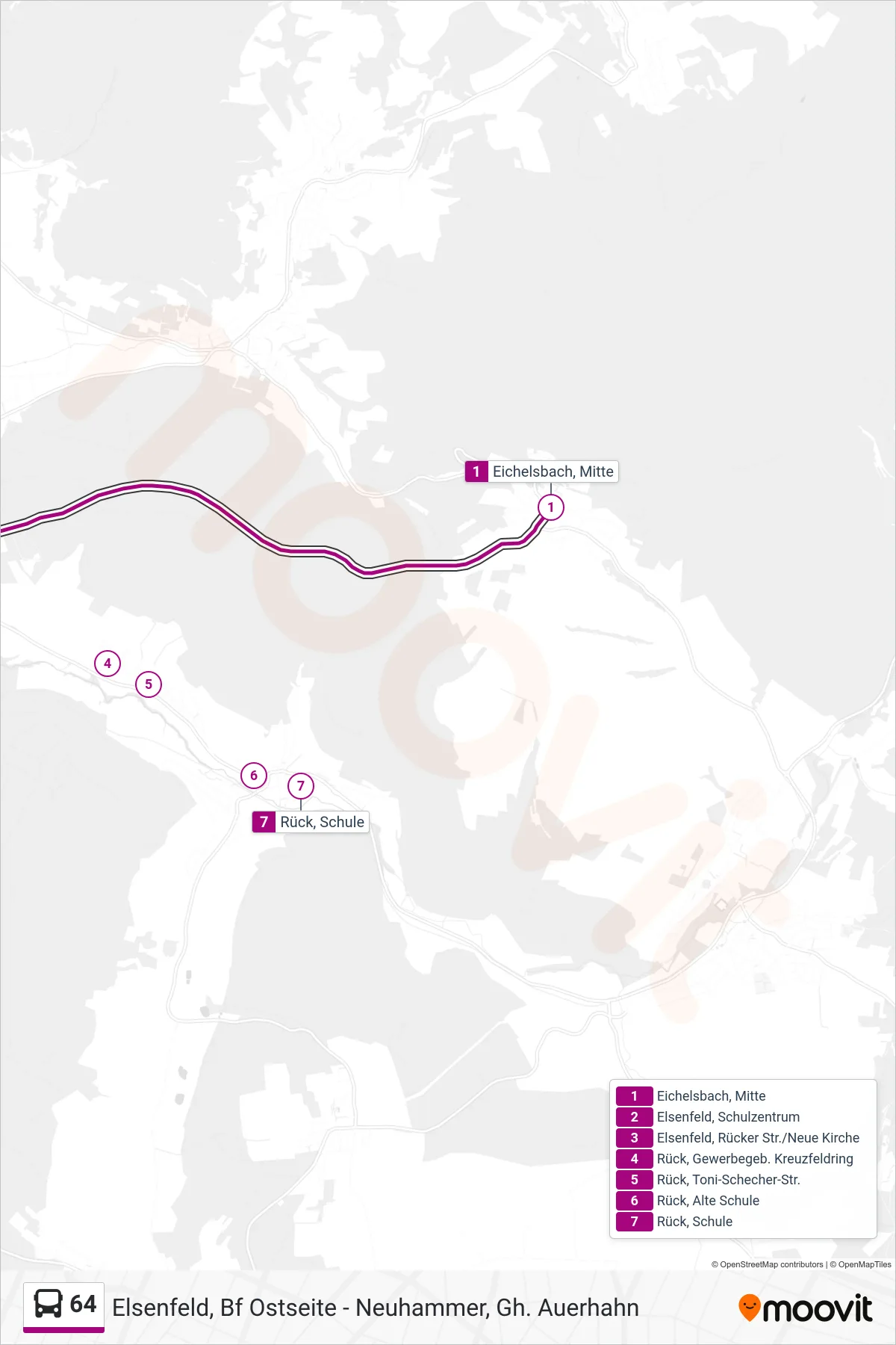 64 bus Line (Rück Schule) route and stops on a map
