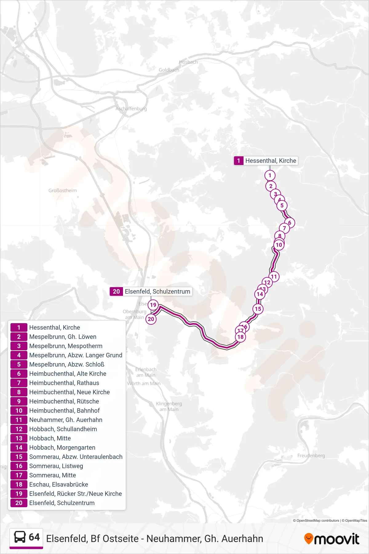 64 bus Line (Elsenfeld Schulzentrum) route and stops on a map