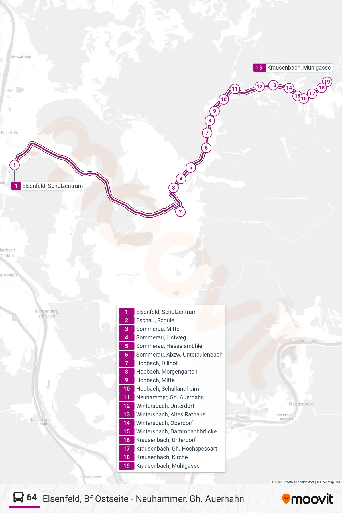 Linie 64 (Bus) Richtung Krausenbach Mühlgasse: Route und Haltestellen auf der Karte