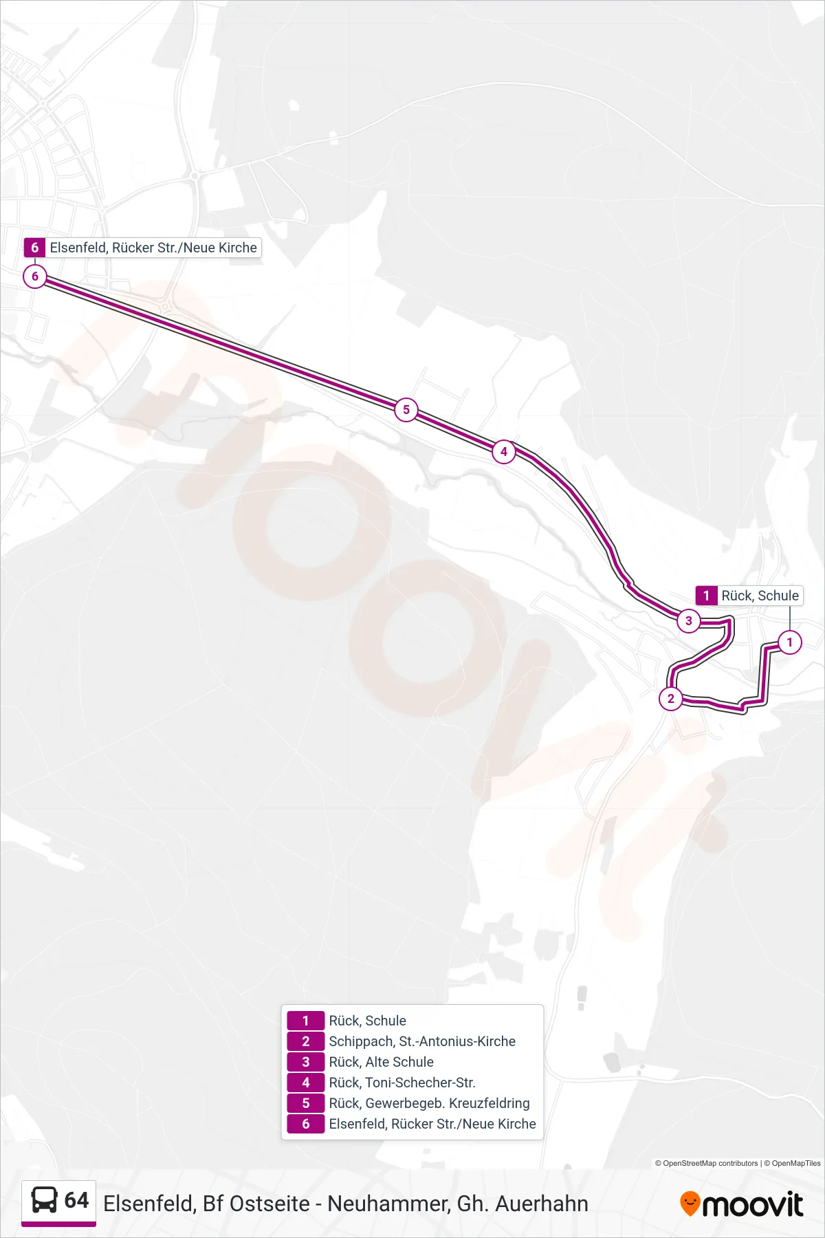 64 bus Line (Elsenfeld Rücker Straße/Neue Kirche) route and stops on a map