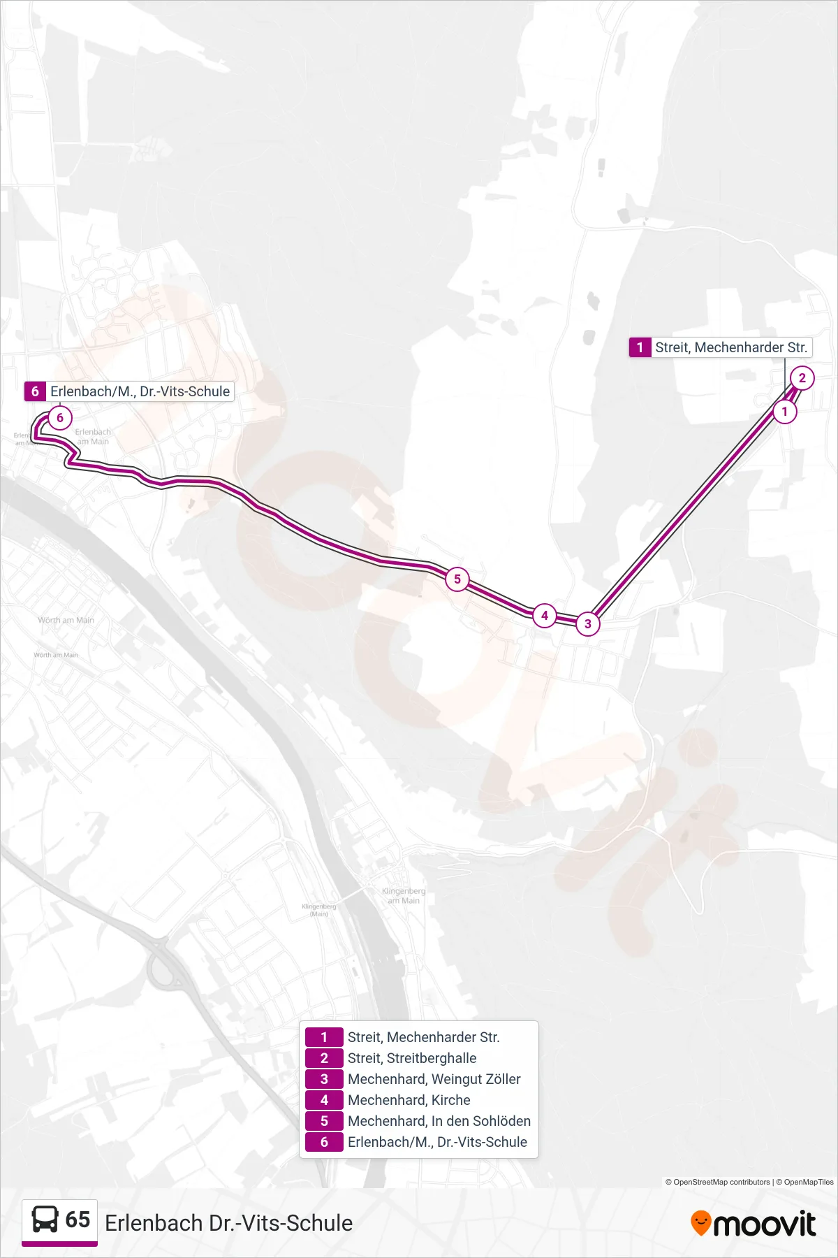 65 bus Line (Erlenbach Dr.-Vits-Schule) route and stops on a map