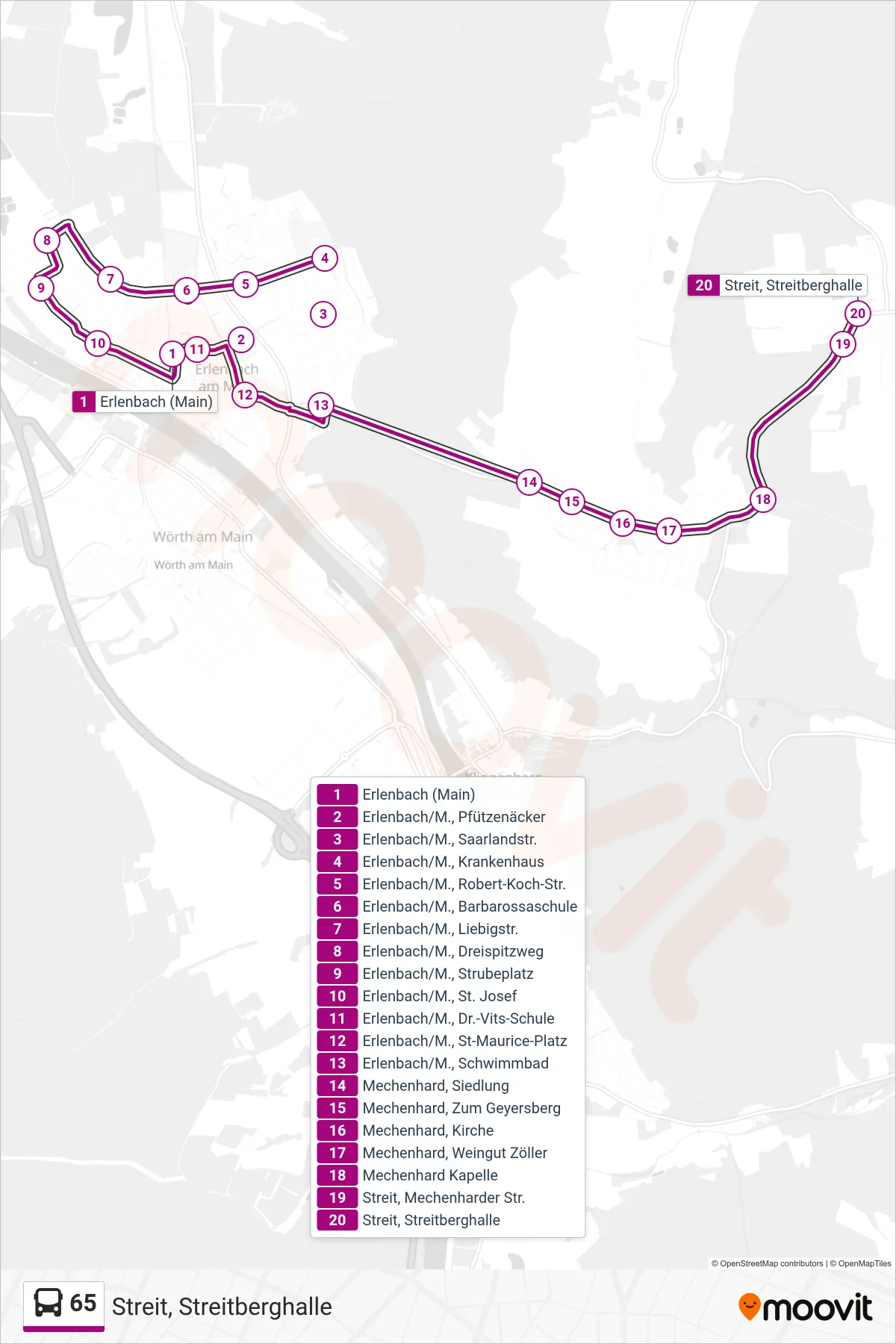 65 bus Line (Streit, Streitberghalle) route and stops on a map